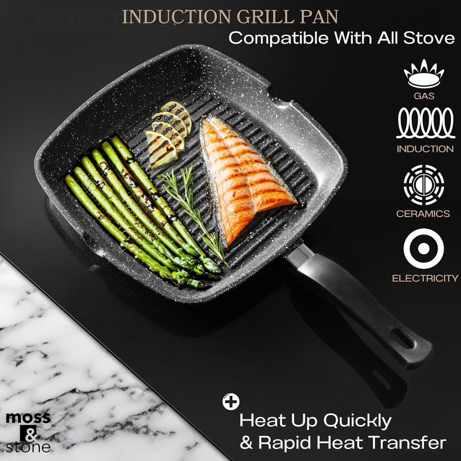 Moss & Stone 11-Inch Black Nonstick Aluminum Square Grill Griddle Pan for Stove Top