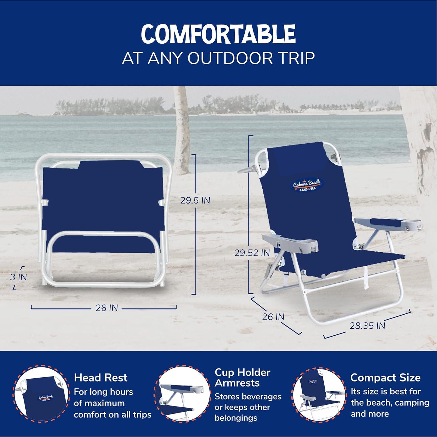 Cabana Beach 5-Position Deluxe Beach Chair, 225lb Capacity, Backpack Straps