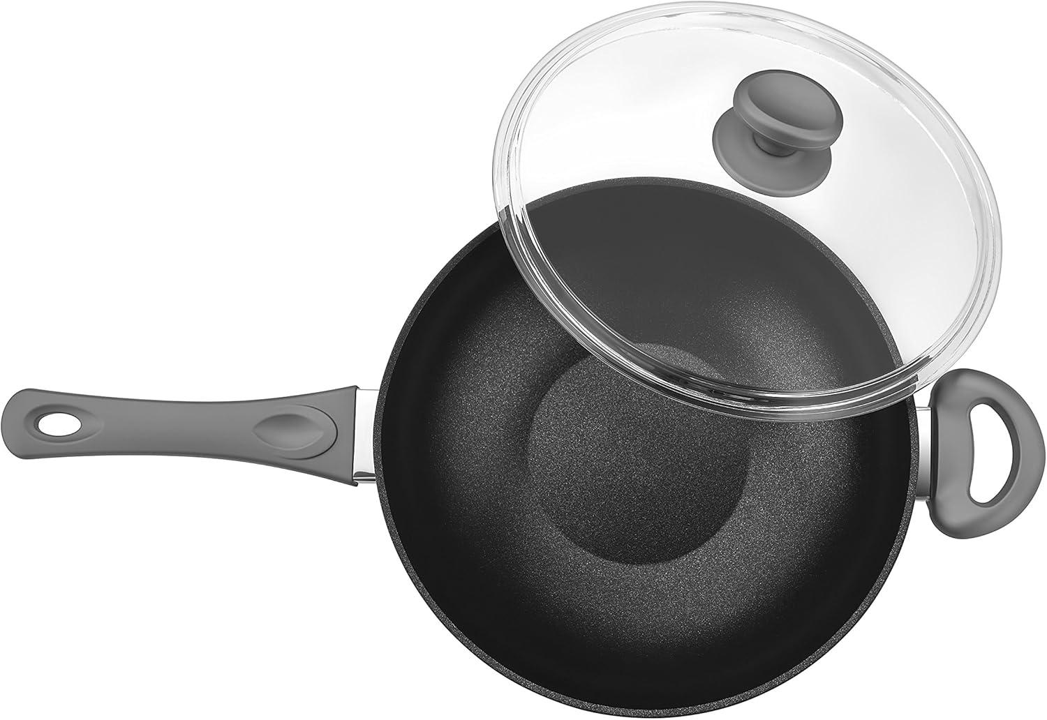 Titanium Nonstick 11 Inch Wok and Stir Fry Pan with Glass Lid Forged Aluminum with PFOA Free Scratch Resistant (Gray)