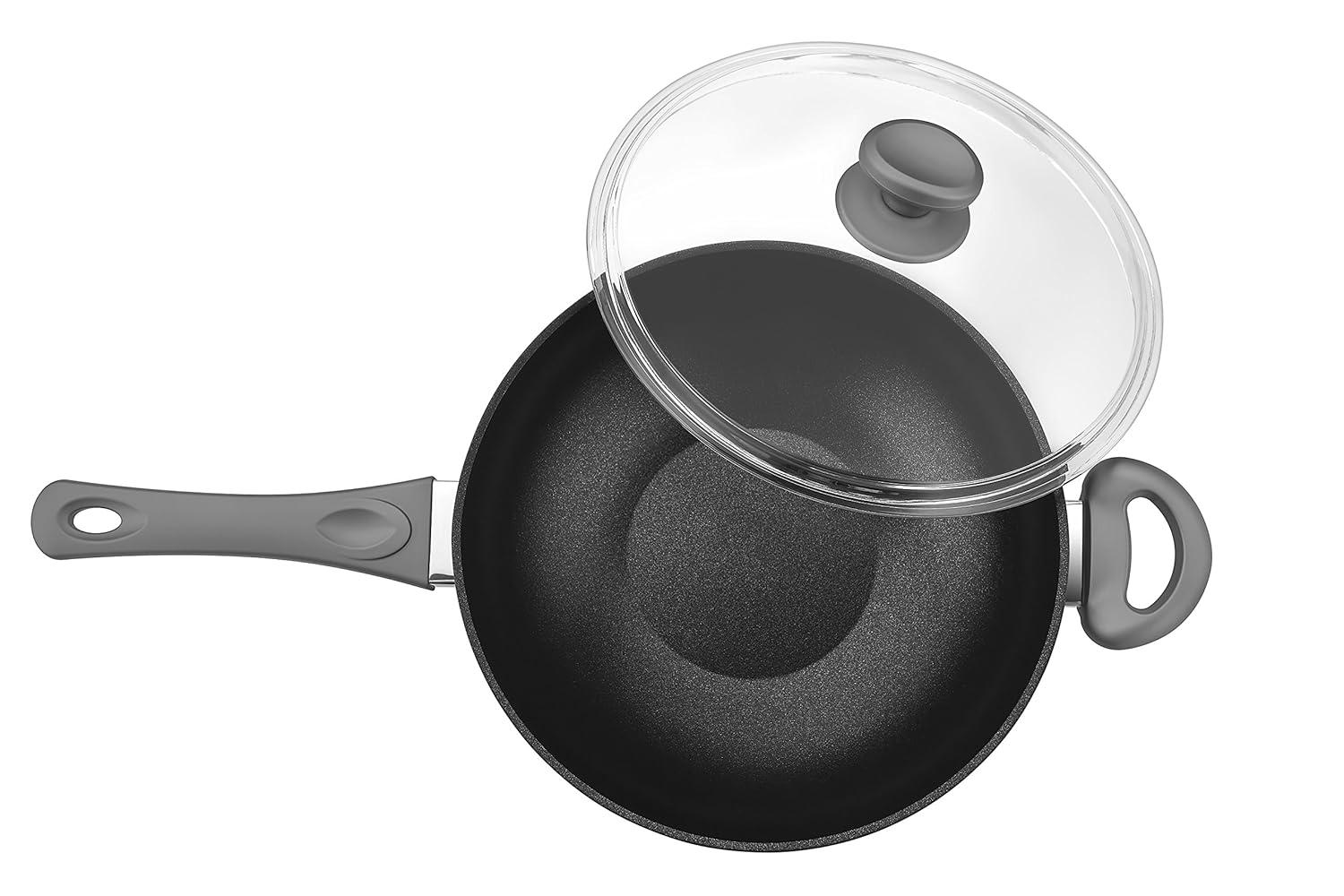 Titanium Nonstick 11 Inch Wok and Stir Fry Pan with Glass Lid Forged Aluminum with PFOA Free Scratch Resistant (Gray)