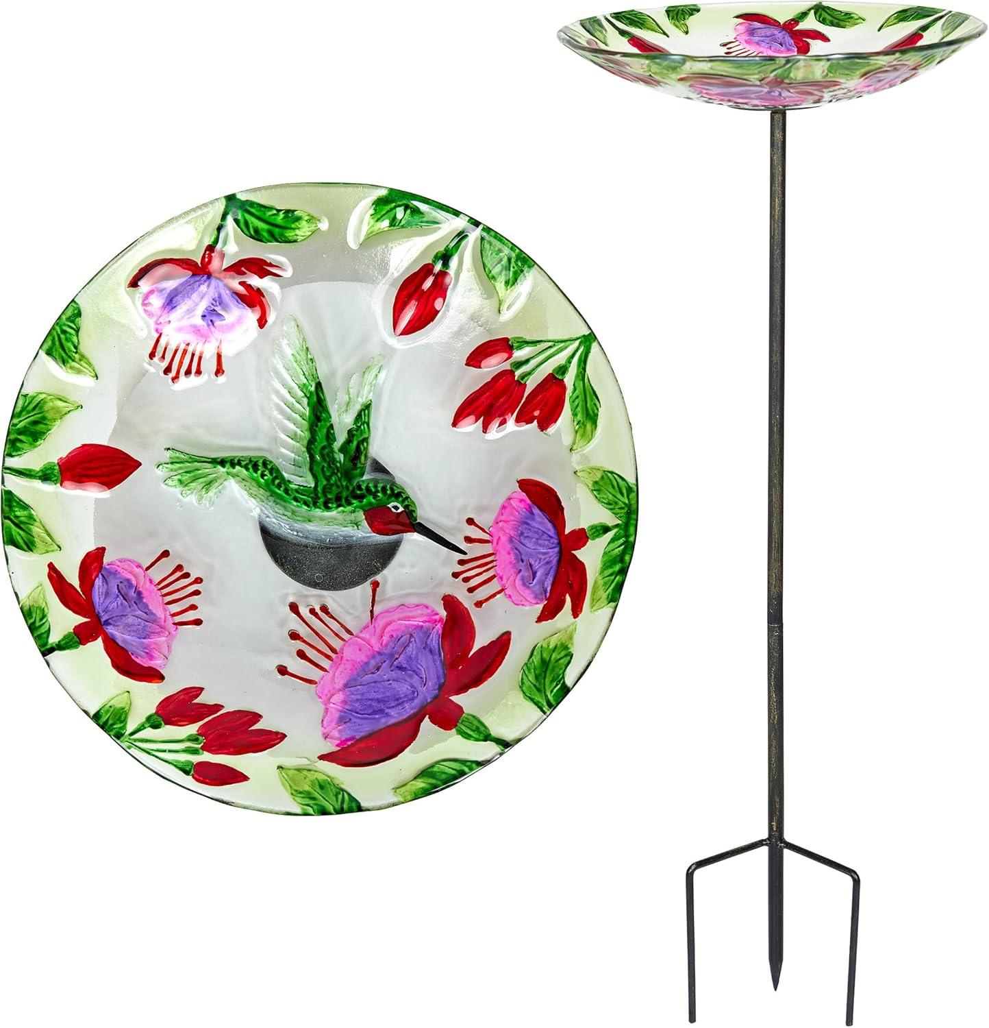 10" Glass Stake Birdbath DHF10 w/Flowers and Hummingbird