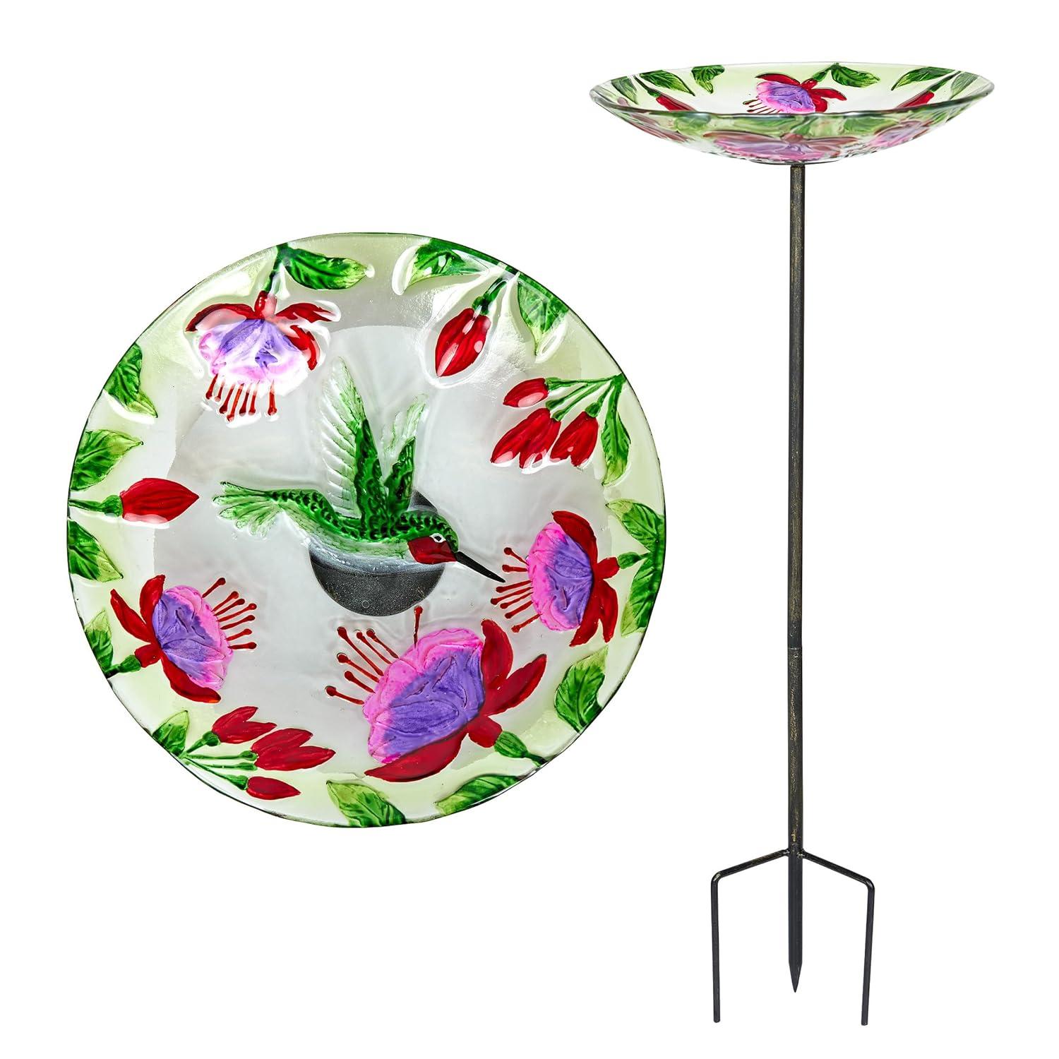 Alpine Glass Stake Bird Bath with Flowers and Hummingbird | Wayfair
