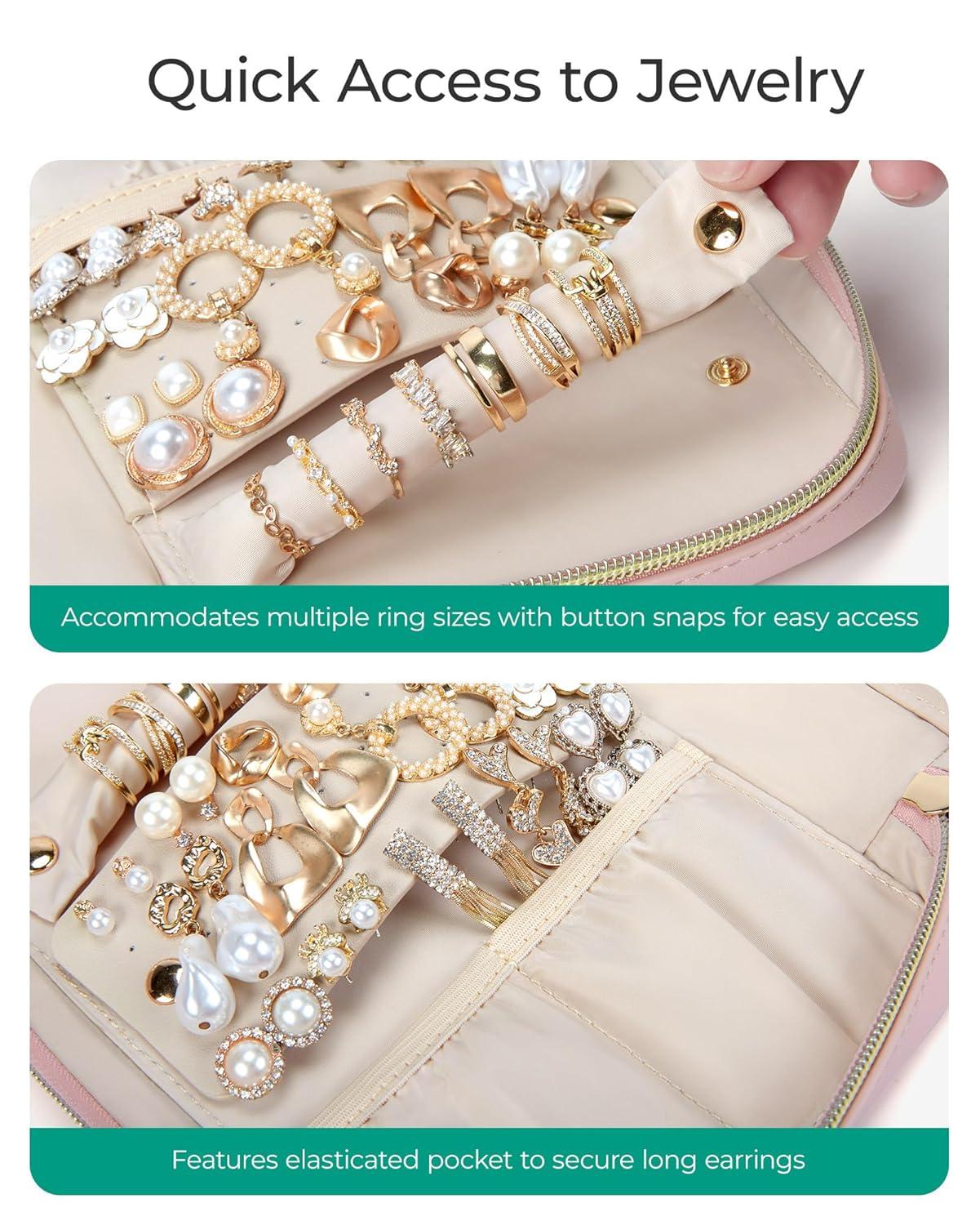 Jewelry Organizer Case Travel Jewelry Storage Bag for Necklace, Earrings, Rings, Bracelet, Soft Pink