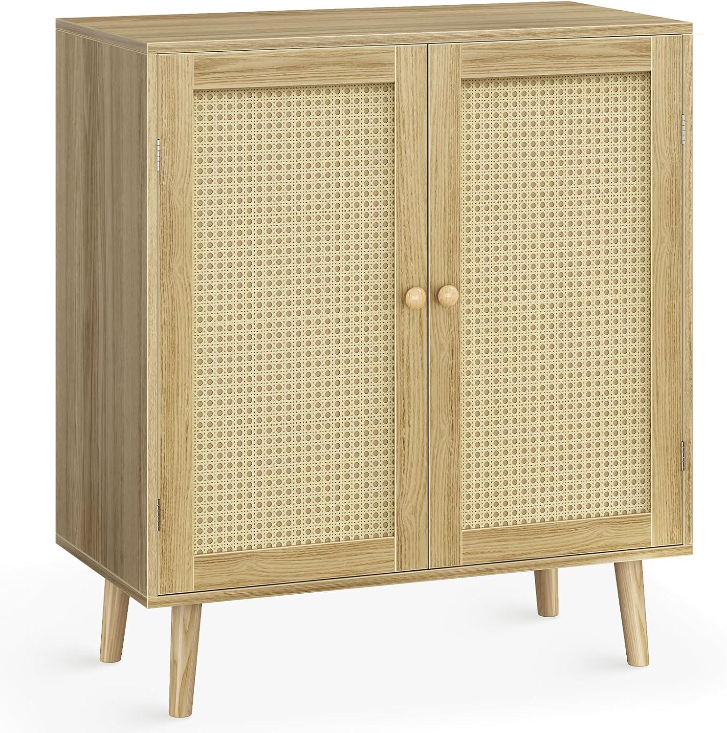 Natural Wood and Rattan Freestanding Storage Cabinet