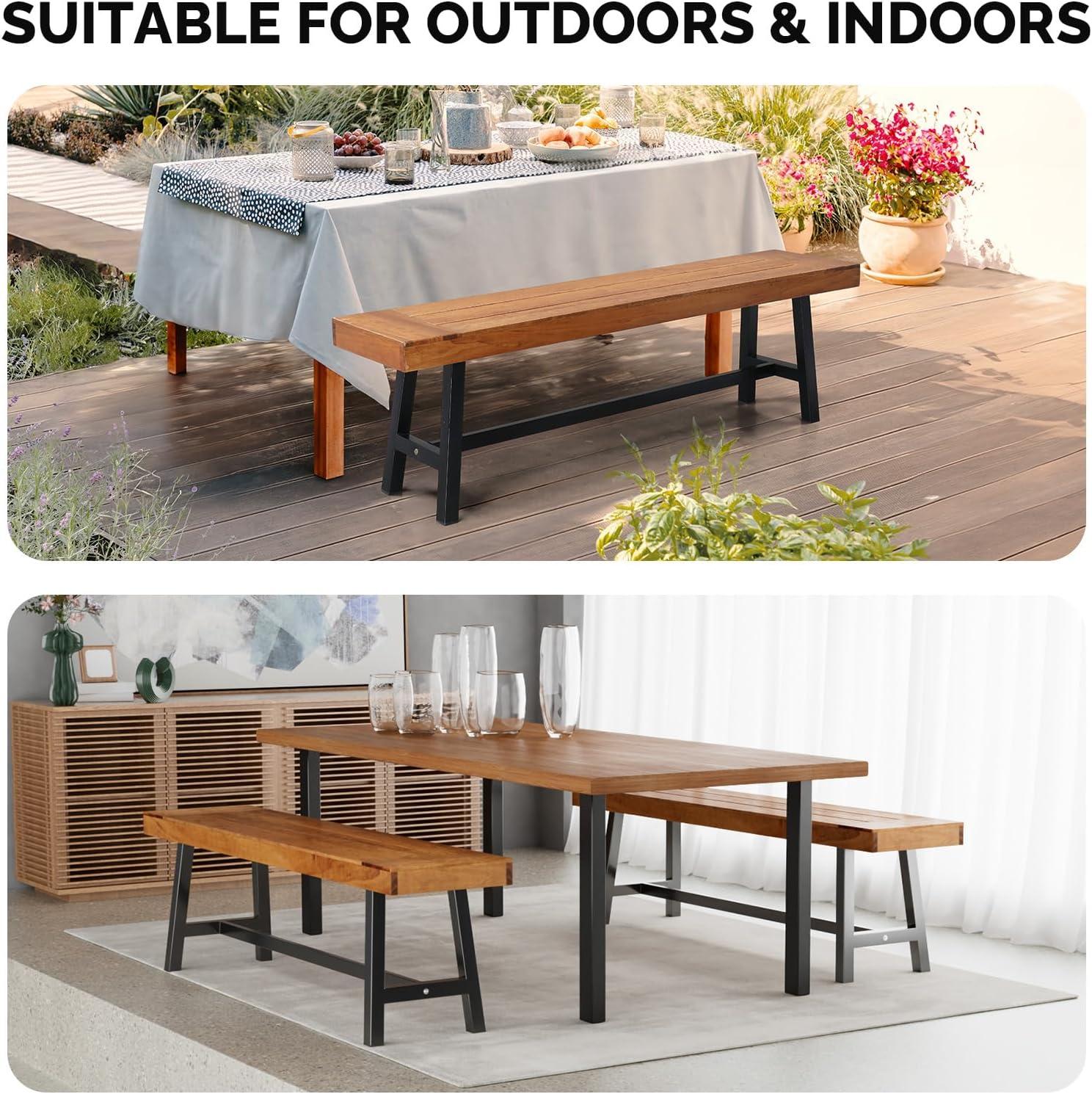 VINGLI Outdoor Bench with Metal Legs Rustic, Wood Dining Bench Indoor Outdoor Porch Benches for Yard Garden Dining (63in)