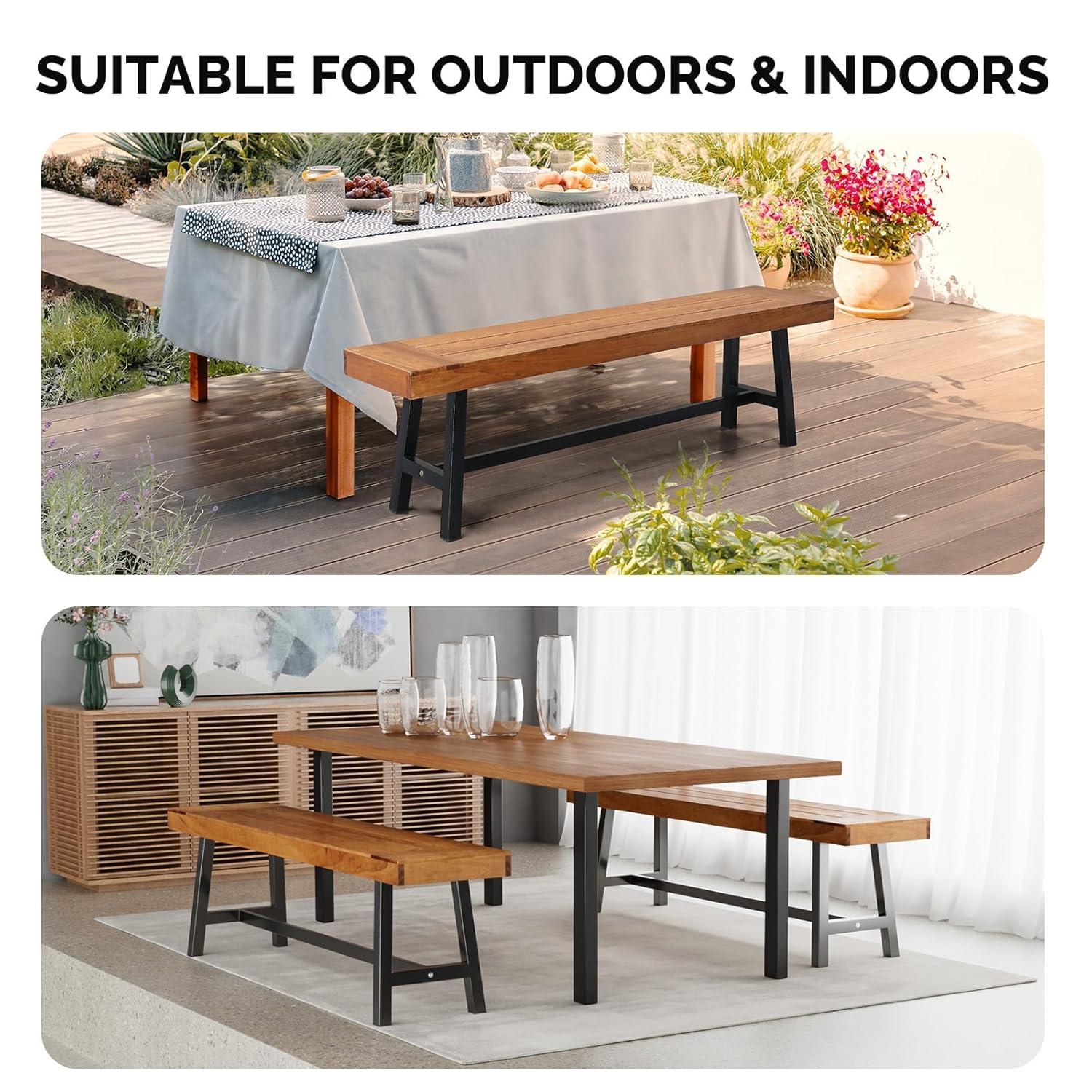 VINGLI Outdoor Bench with Metal Legs Rustic, Wood Dining Bench Indoor Outdoor Porch Benches for Yard Garden Dining (63in)