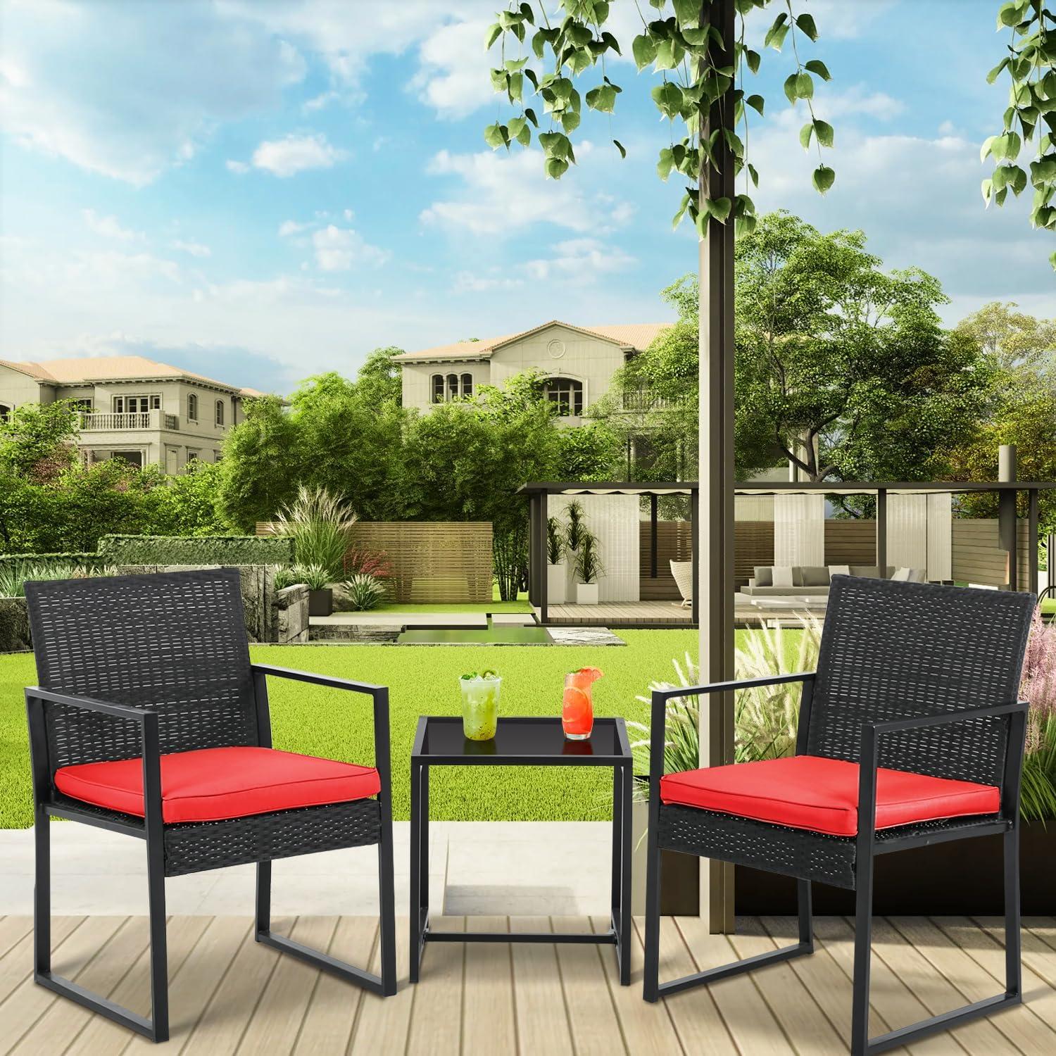 Red 3-Piece Steel and Rattan Outdoor Furniture Set with Black Glass Table