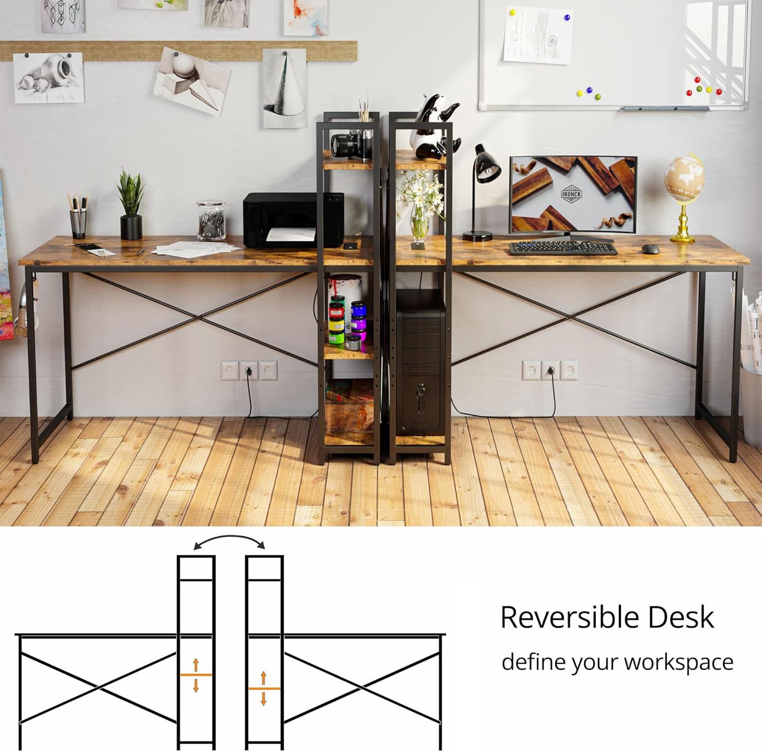 IRONCK Computer Desk 55" with Power Outlet & Storage Shelves for Home Office Rustic Brown