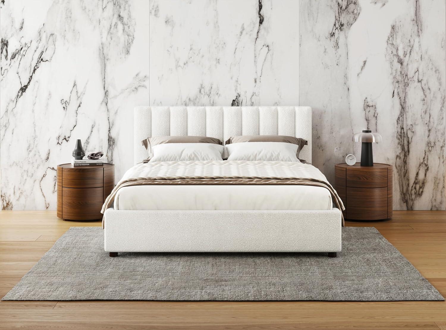 Omax Decor Jaxon Upholstered Platform Queen Bed in White Boucle Fabric