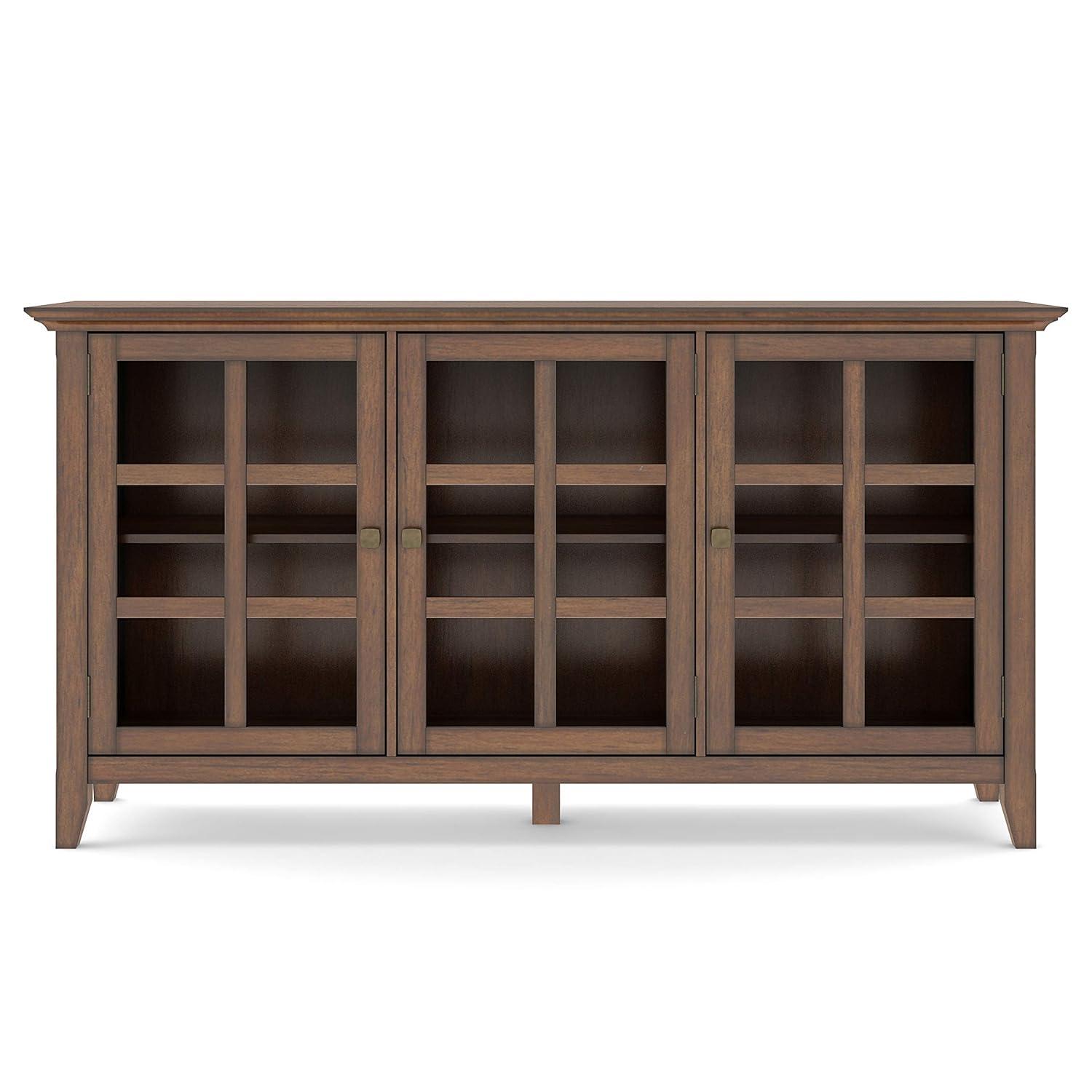 Simpli Home Acadian 62"W Solid Wood 3-Shelf Storage Cabinet with Tempered Glass Doors and Adjustable Shelves