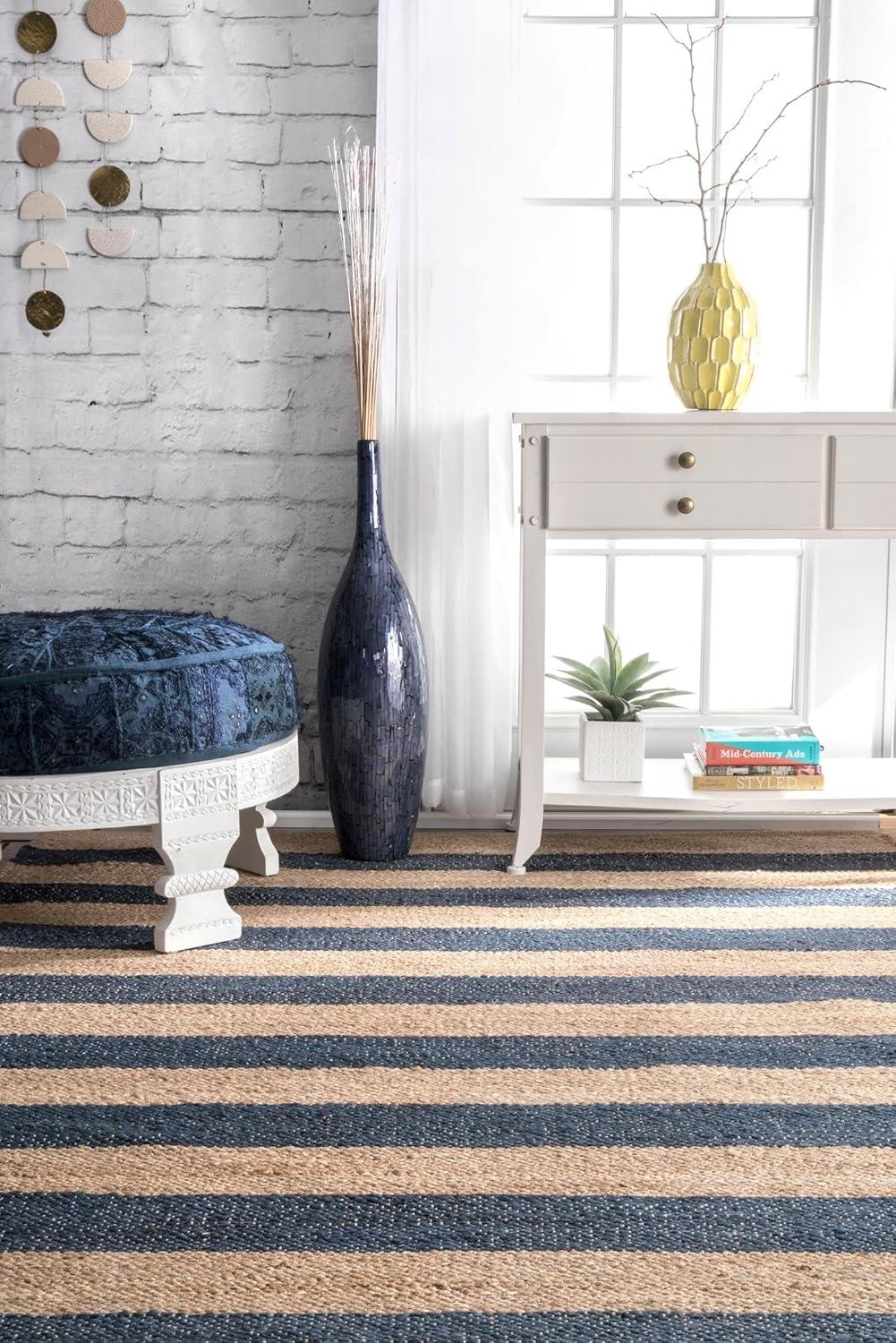 Nuloom Alisia Striped 5x8 Jute Indoor Area Rug for Dining Room Rug Neutral Rug Living Room Rug Kitchen, Denim/Tan