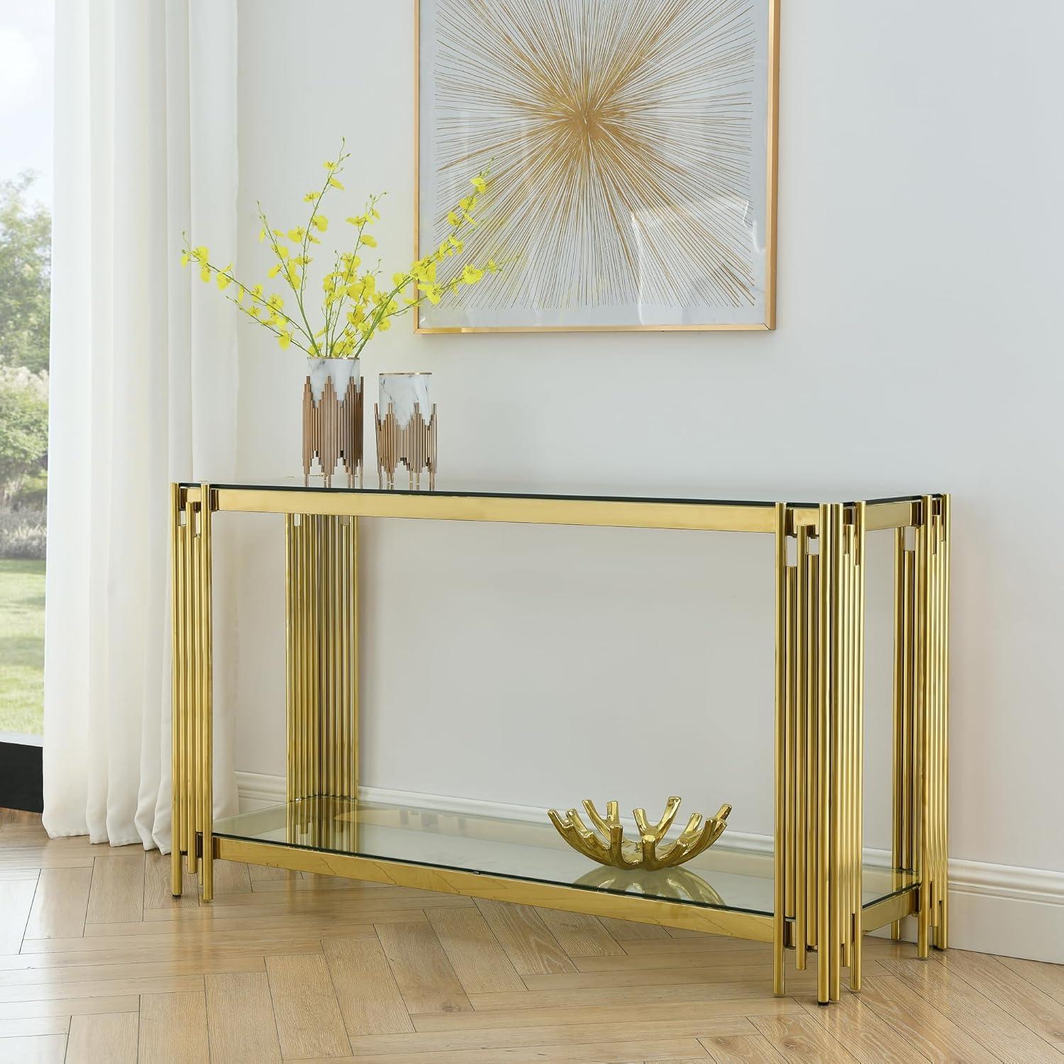 Modern Glass Console Table, 55" Gold Sofa Table with Sturdy Metal Frame and Clear Tempered Glass Top, for Living Room Entryway Bedroom, Gold Finish 00009