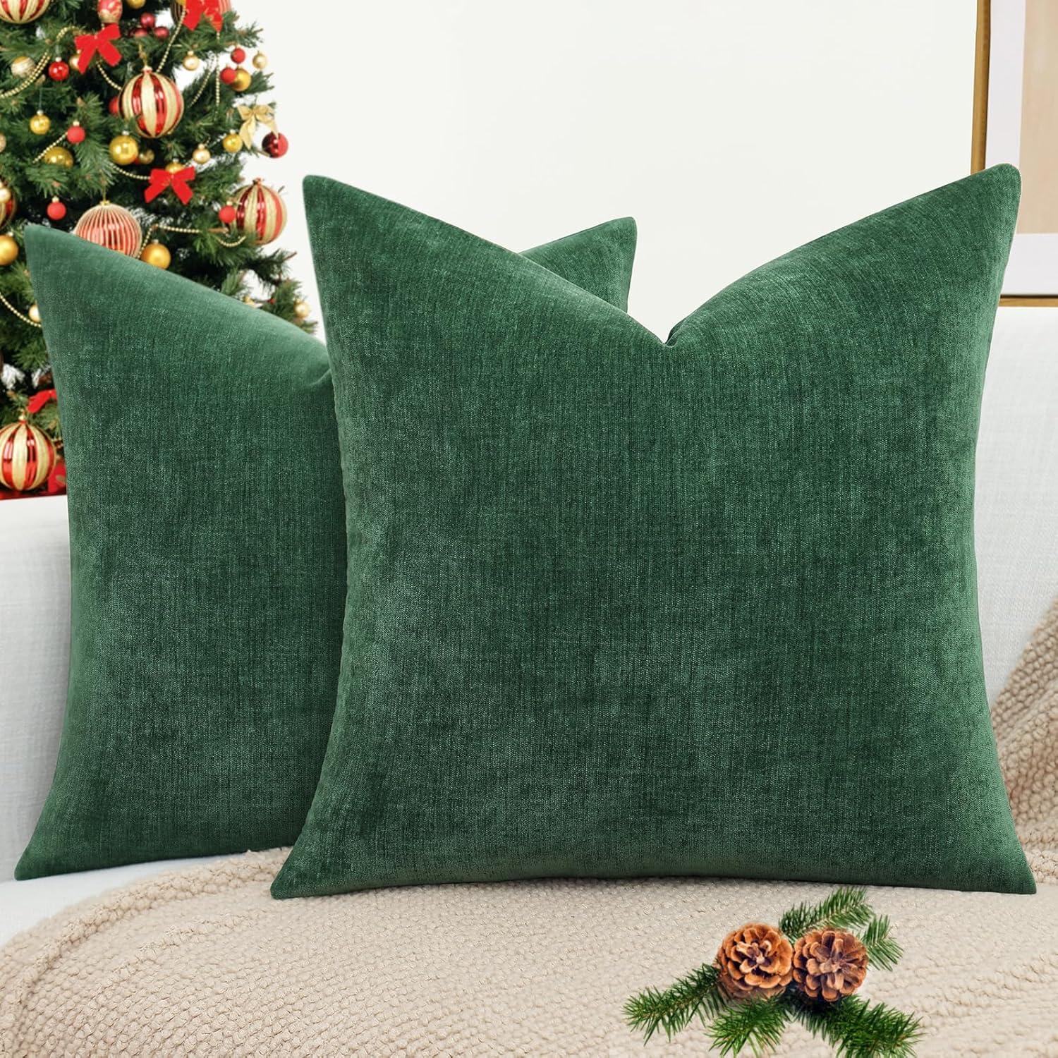 Green Chenille 18x18 Inch Decorative Pillow Covers, Pack of 2