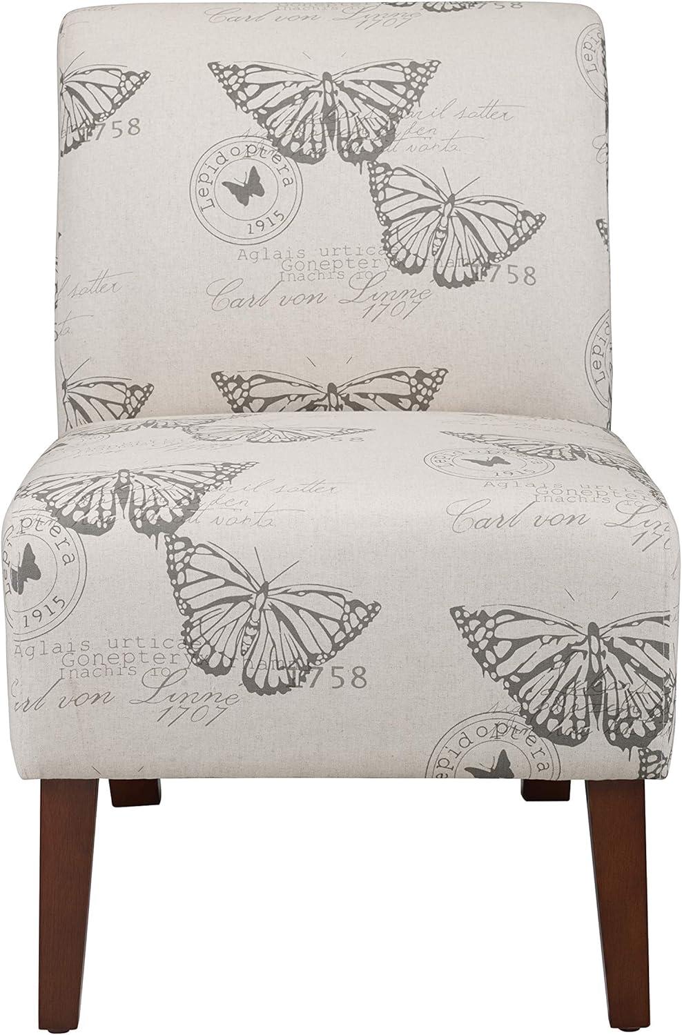 Gray Butterfly Print Linen Slipper Chair with Wood Legs