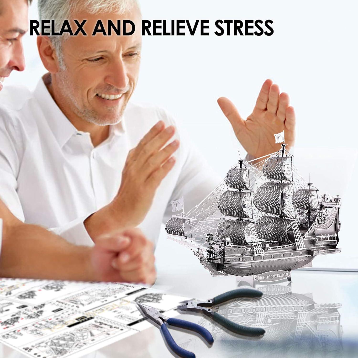 Piececool 3D Puzzle for Adults Metal Pirate Ship Model Kits, The Queen Anne's Revenge Flying Dutchman Ship Models Building Kits 3D Puzzle Toy, Great Birthday Gift -63Pcs