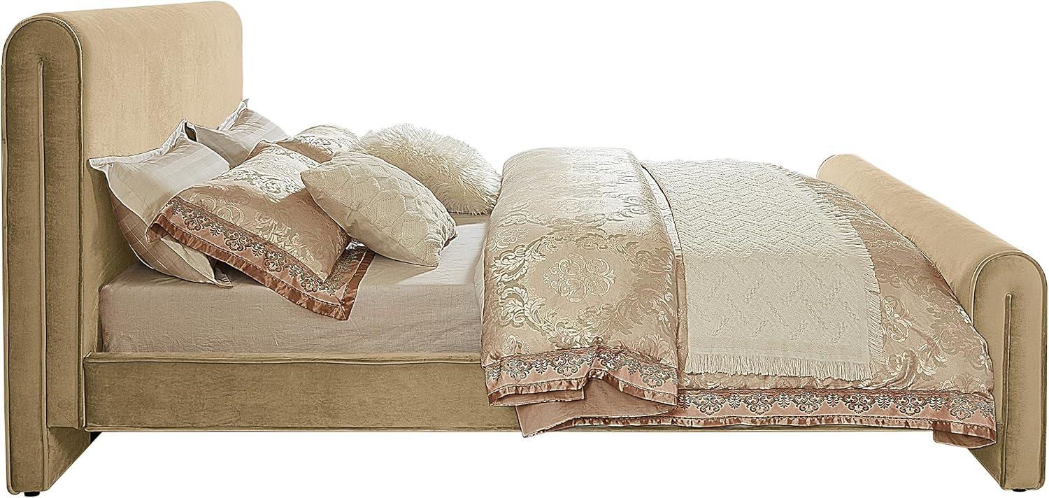 Camel Velvet Upholstered Queen Bed with Curved Headboard