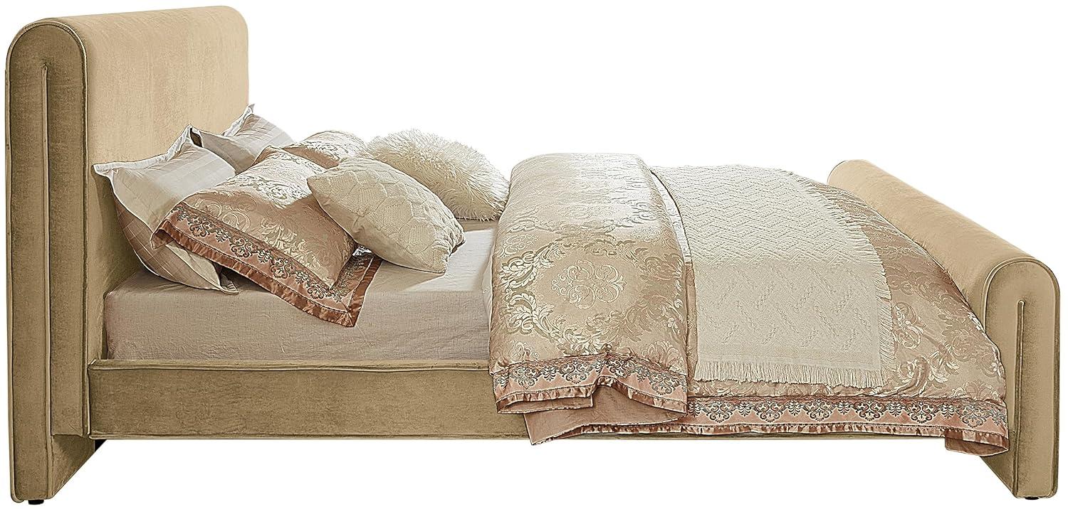 Camel Velvet Upholstered Queen Bed with Curved Headboard