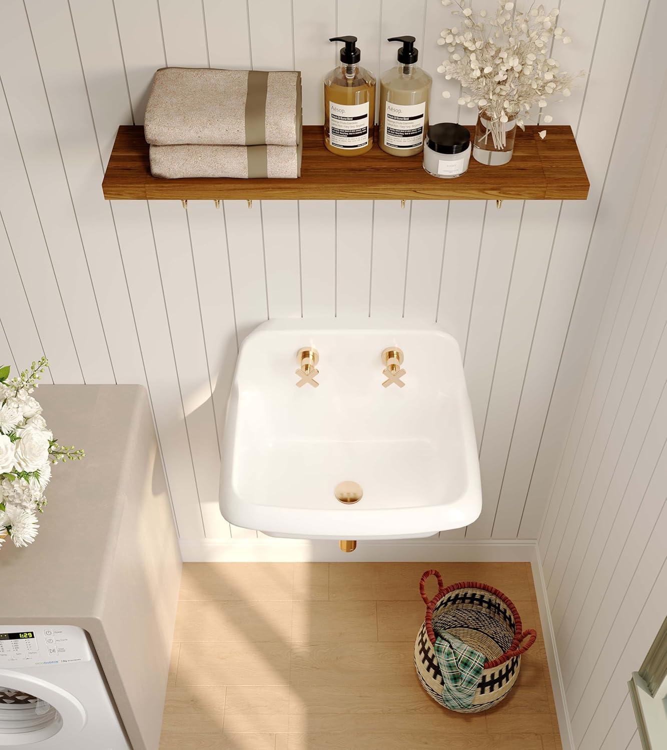 ELLAI 24-in Wall Mounted High Back Utility Sink White Ceramic Farmhouse Laundry Sink Bathroom Sink