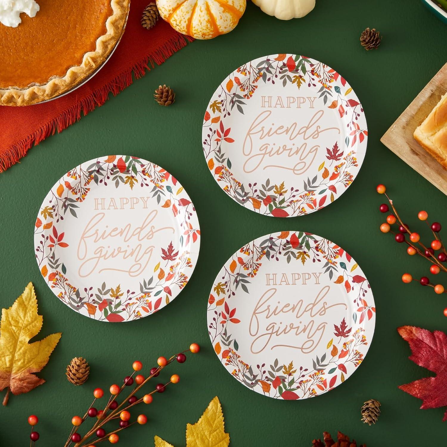 Sparkle and Bash 48 Pack Friendsgiving Plates, 7-Inch Paper Plates with Fall Leaves and Rose Gold Foil, Thanksgiving Party Decor Supplies
