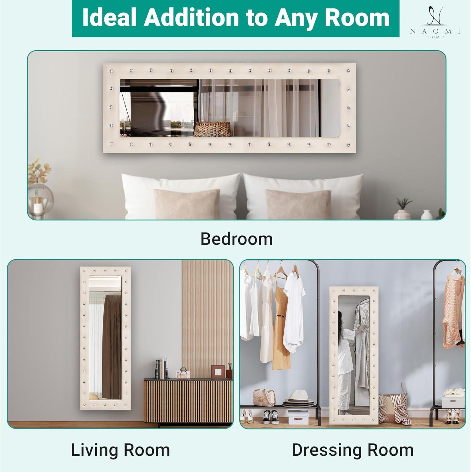 Naomi Home Crystal Tufted Floor Mirror Full Length 63 LX22 W Wall Mirror Full Length Standing Wall with Faux Wood Frame Mirrors for Bedroom - Pink