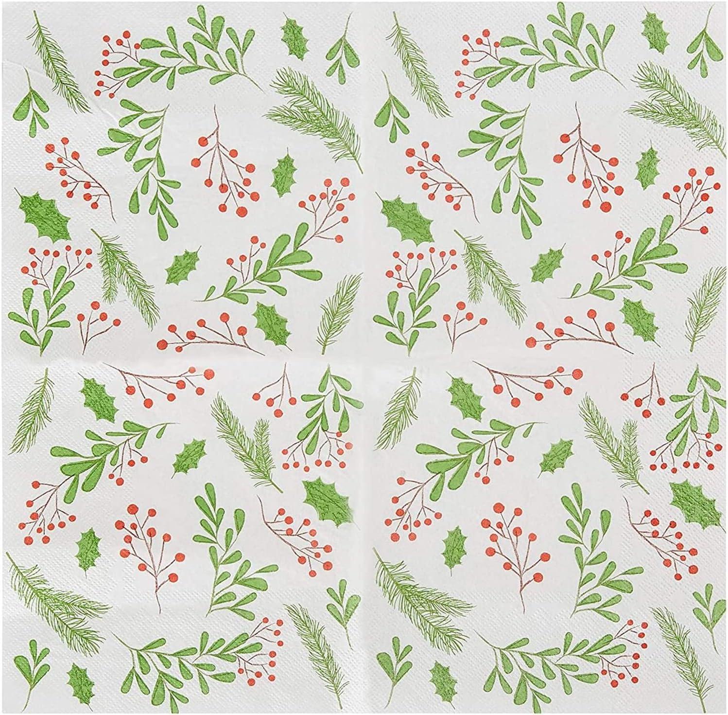 100-Pack Holly Berry Paper Napkins for Christmas Party, Holiday Decor, White (6.5x6.5 In)