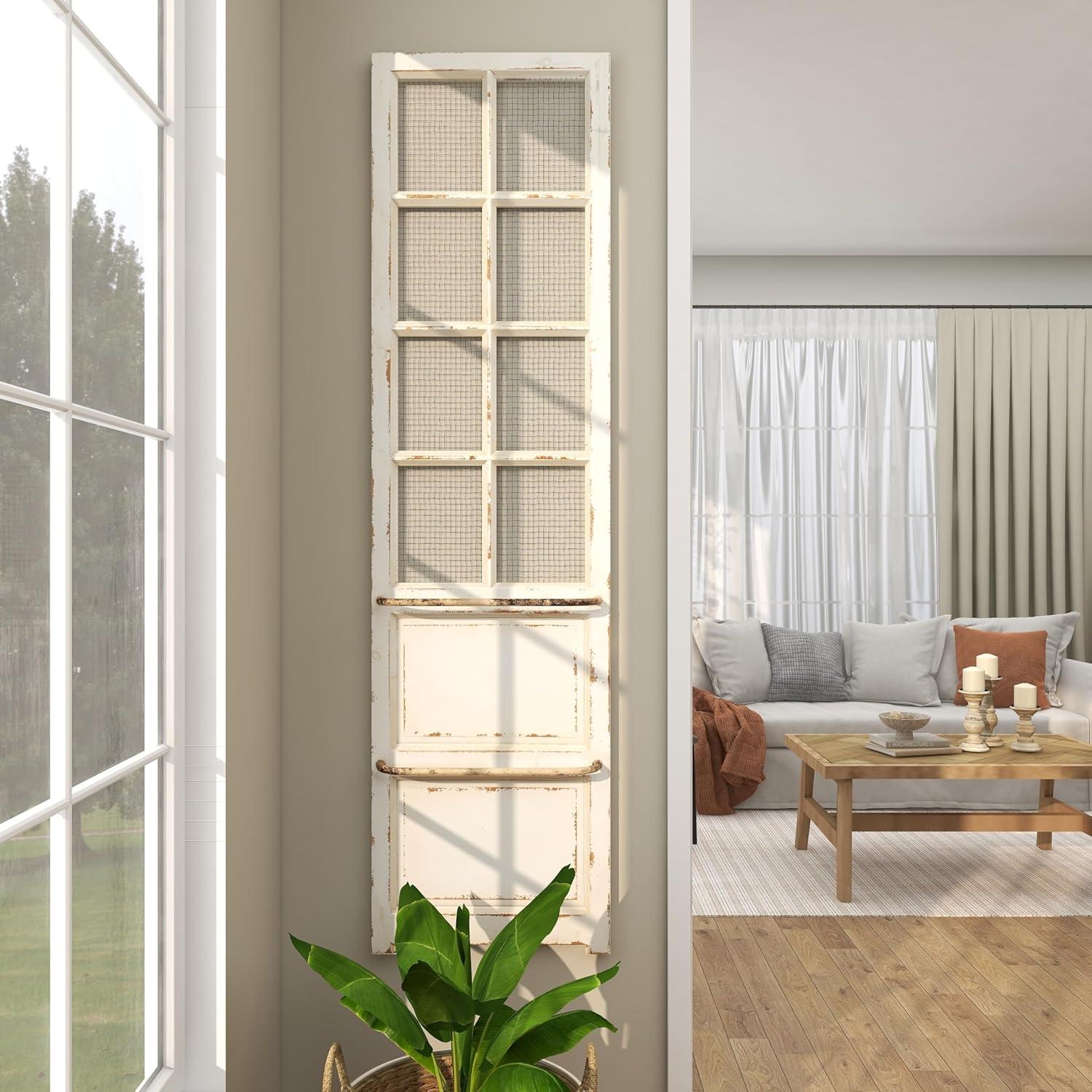 DecMode Cream Wood Door Inspired Panel Geometric Wall Decor with Mesh Netting