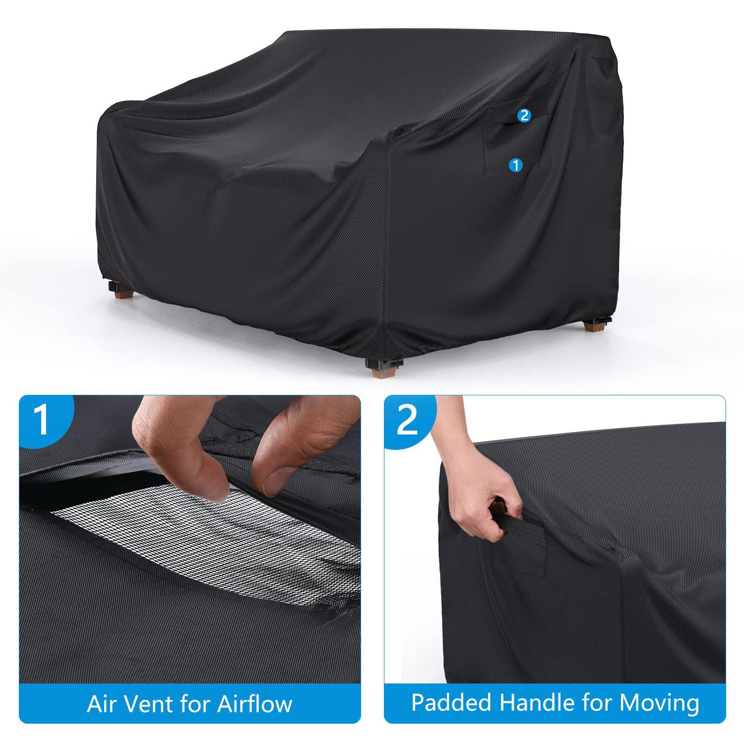 Mrrihand Heavy Duty Patio Sofa Cover Waterproof, 2-Seater Outdoor Sofa Loveseat Cover, Outdoor Patio Furniture Cover with Air Vent and Handles, 60" W×34" D×30" H, Black