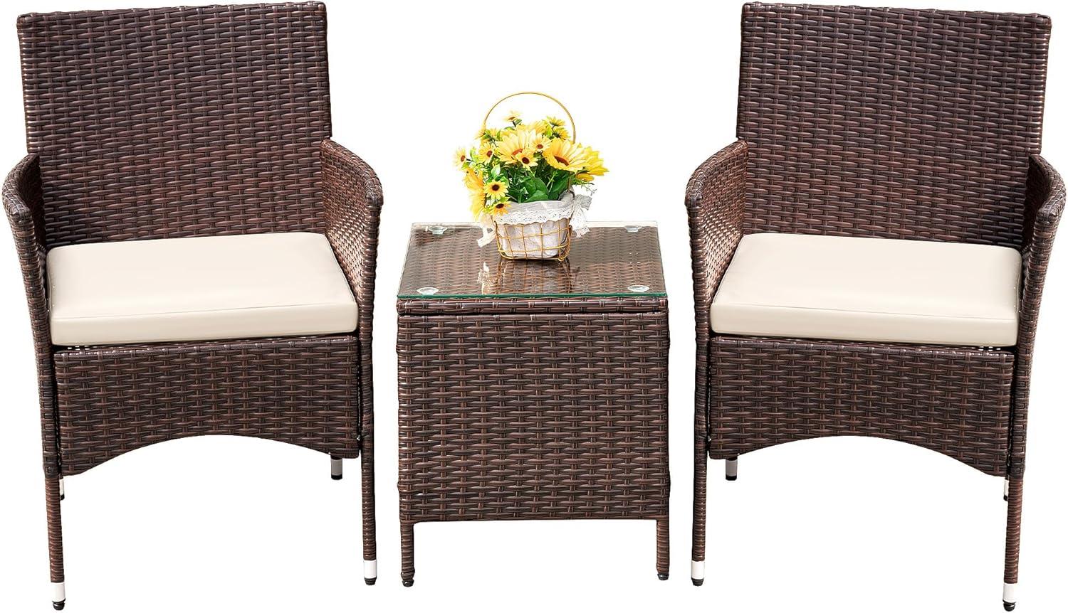 Brown and Beige 3-Piece Rattan Patio Furniture Set
