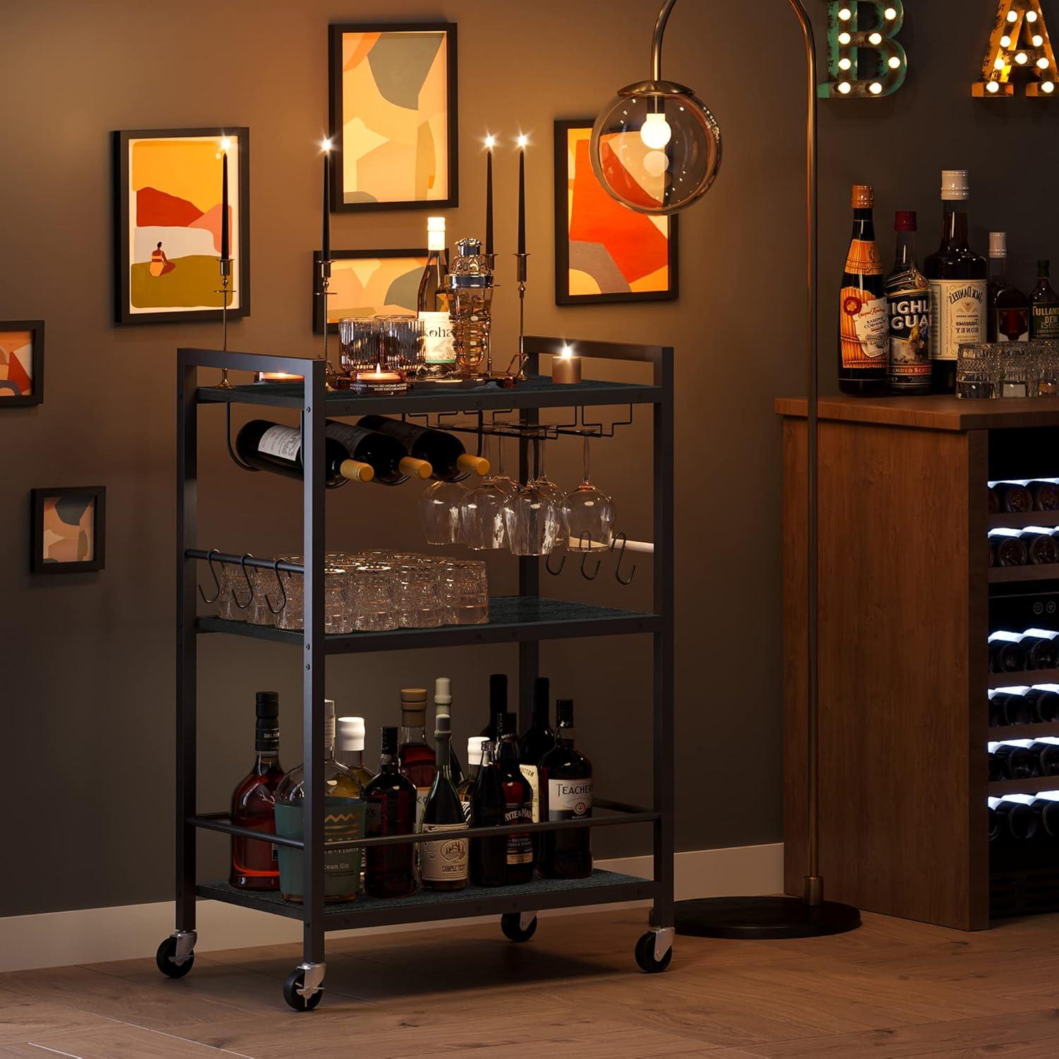 Black Metal Rolling Bar Cart with Wine Rack and Glass Holder