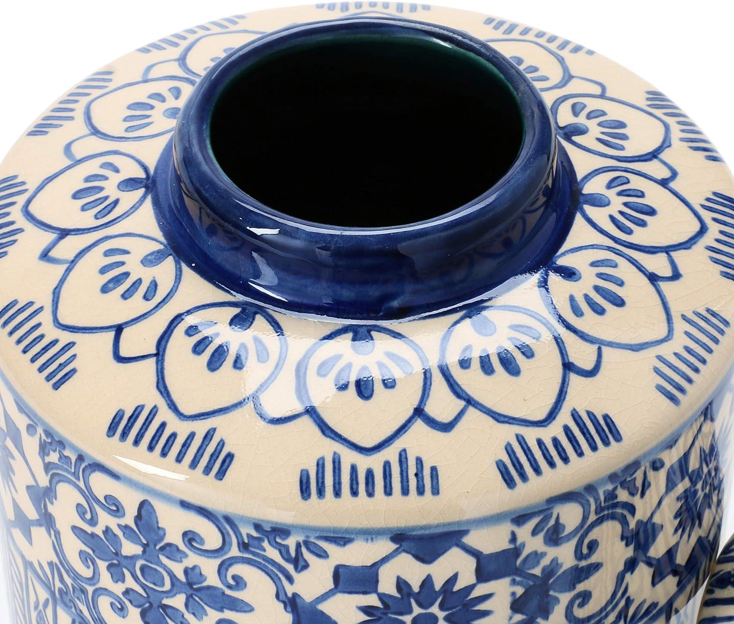 Elegant Blue & Cream Stoneware Ginger Jar, 8"W x 10.25"H