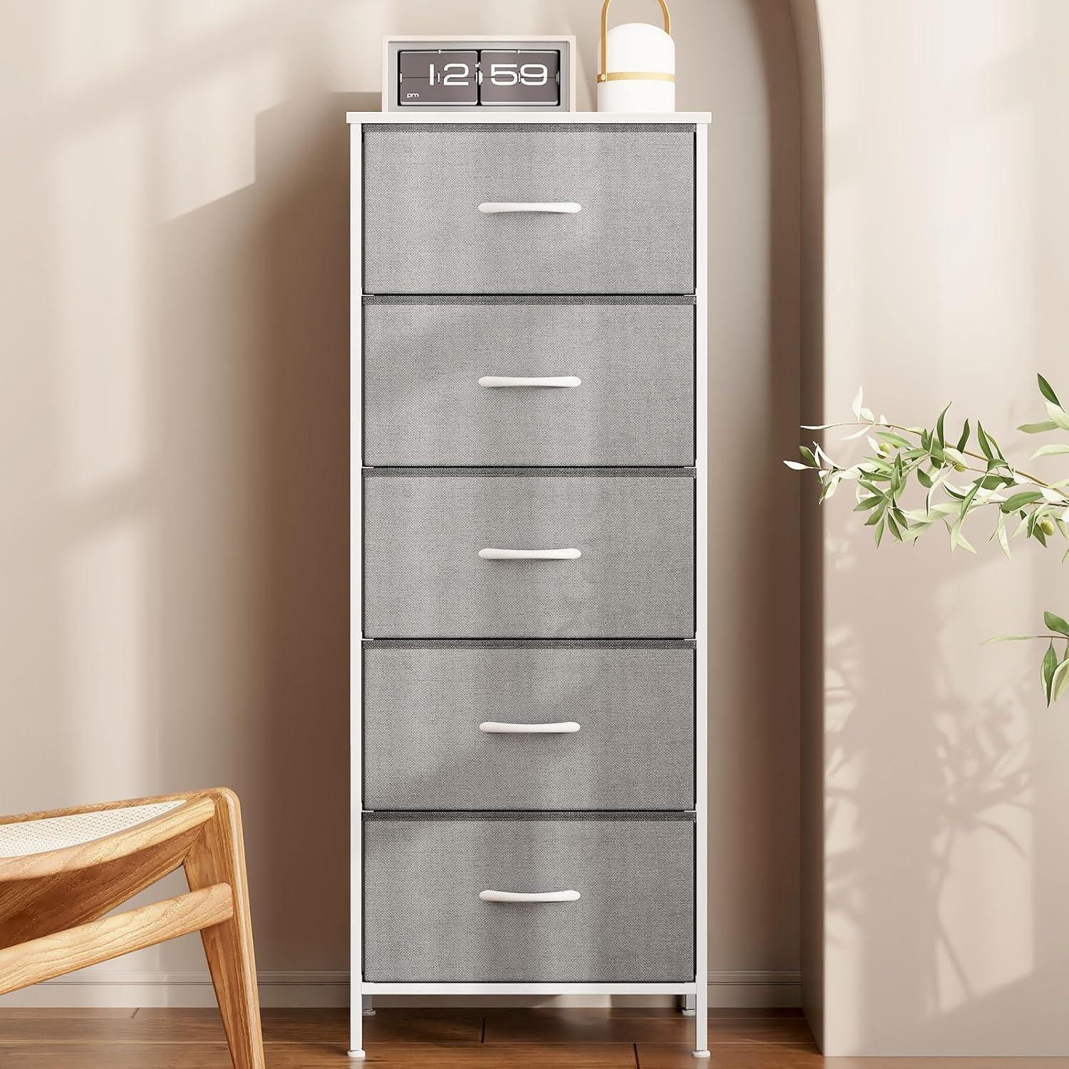 Gray Fabric 5-Drawer Tall Dresser with Steel Frame