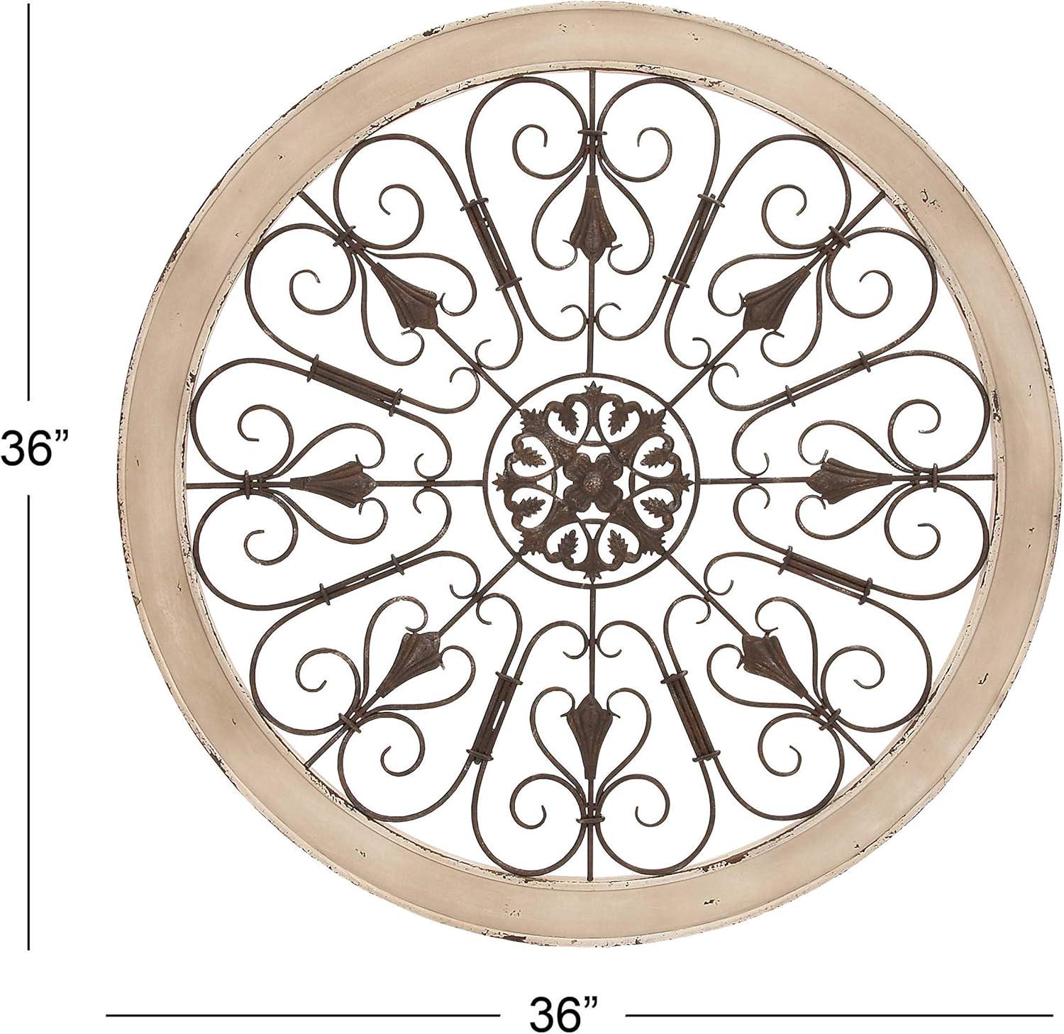 DecMode Brown Wood Arabesque Scroll Wall Decor with Metal Fleur De Lis Relief