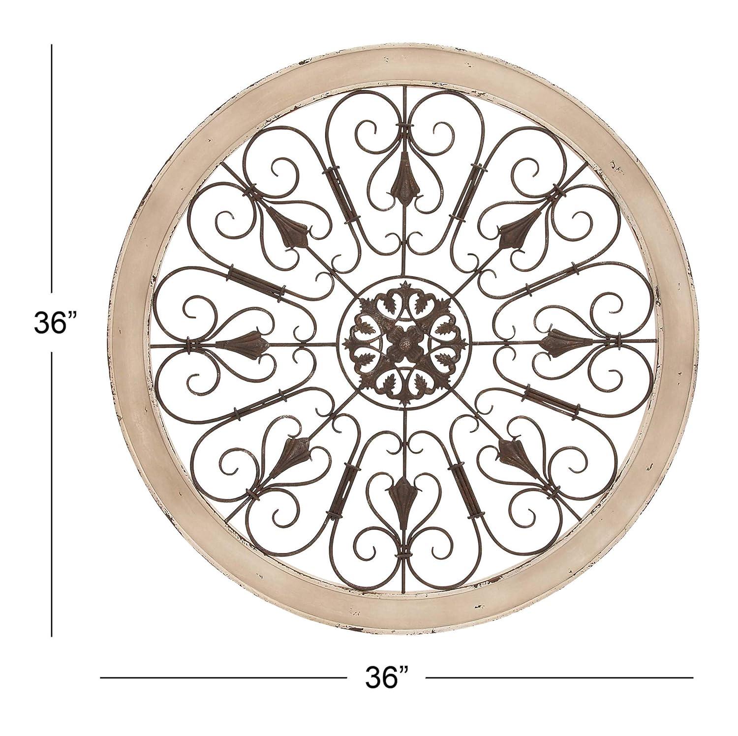 DecMode Brown Wood Arabesque Scroll Wall Decor with Metal Fleur De Lis Relief