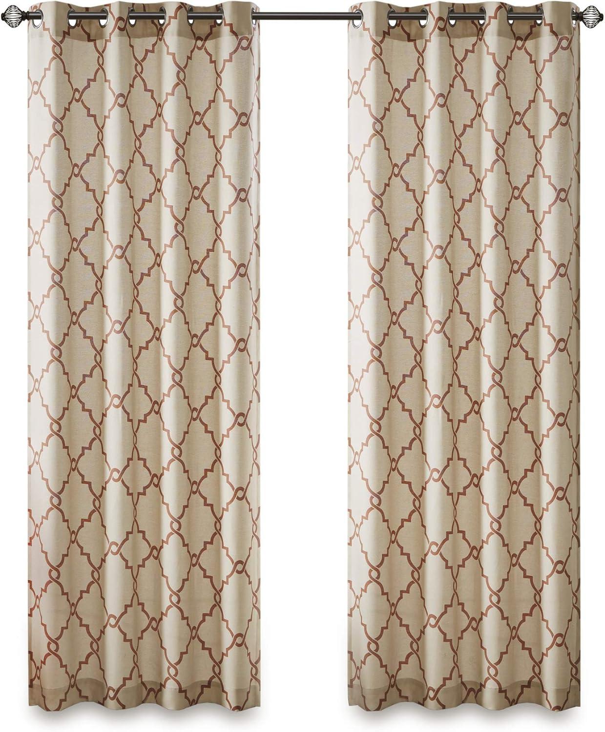 Beige and Spice Fretwork Cotton Blend Grommet Curtain Panel