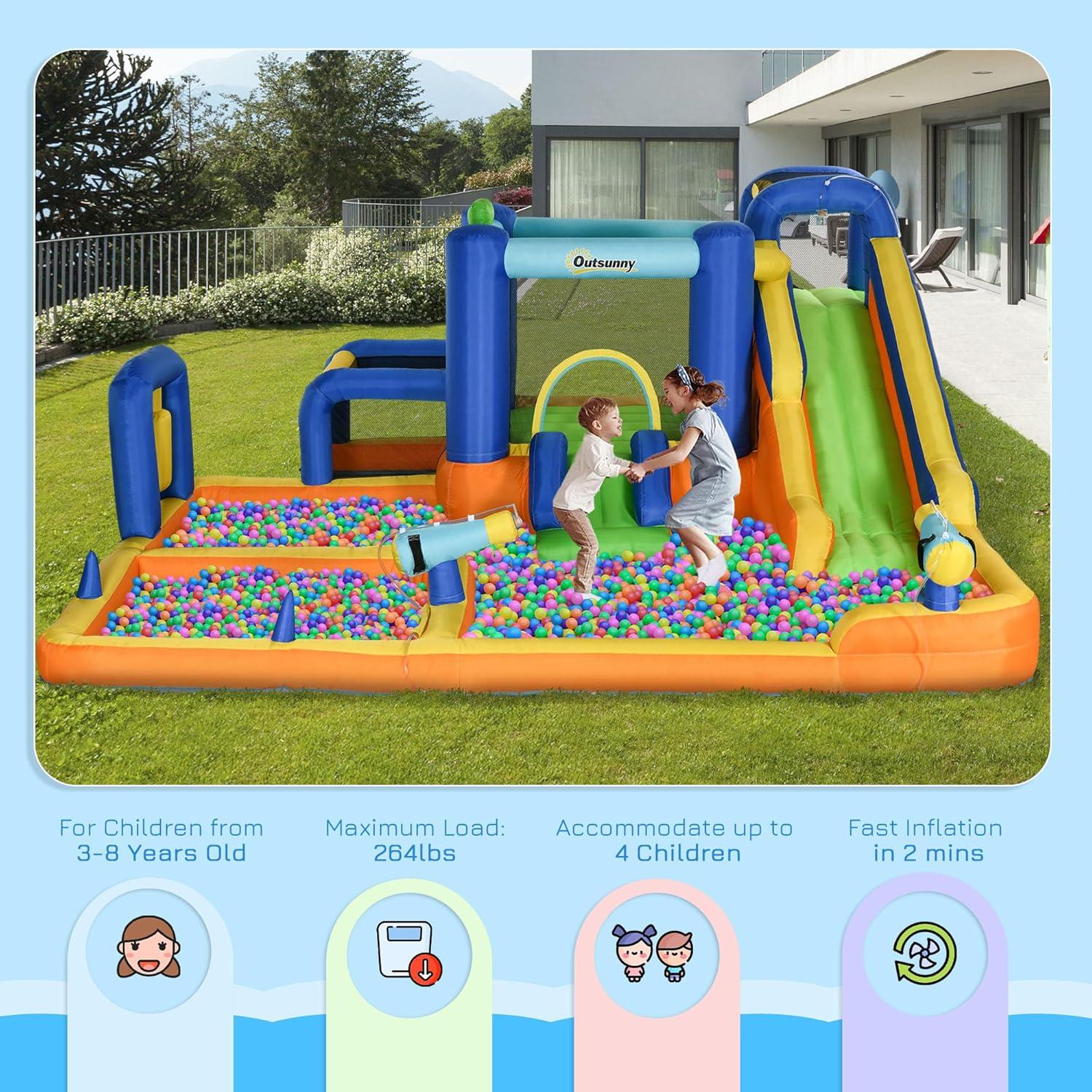 Outsunny 7 in 1 Water Slide with Slide, Pool, Climbing Wall, Water Cannon, Basketball Hoop, Boxing Post, Football Stand for 3-8 Years Old Kids