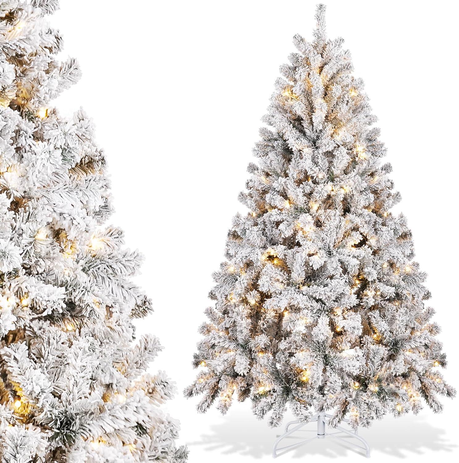 6FT Prelit Christmas Tree with Lights, Snow Flocked Artificial Christmas Tree with 250 Warm White LED Lights, 820 Branch Tips, Indoor Fake Xmas Tree for Home, Office, Party Decoration