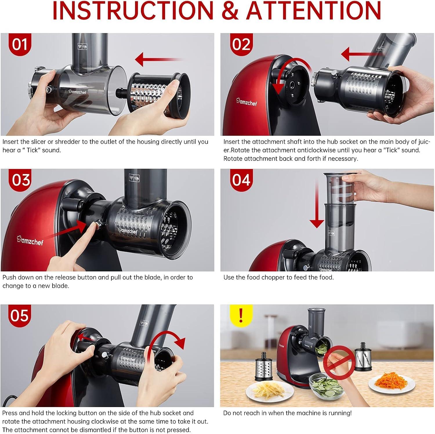 Slicer Shredder Attachments for AMZCHEF Slow Masticating Juicer ZM1501&GM3001 Rotary Cheese Grater Mandoline Vegetable Slicer for Fruit,Vegetables,Nuts with 3 Interchangeable Blades (Stainless Steel)