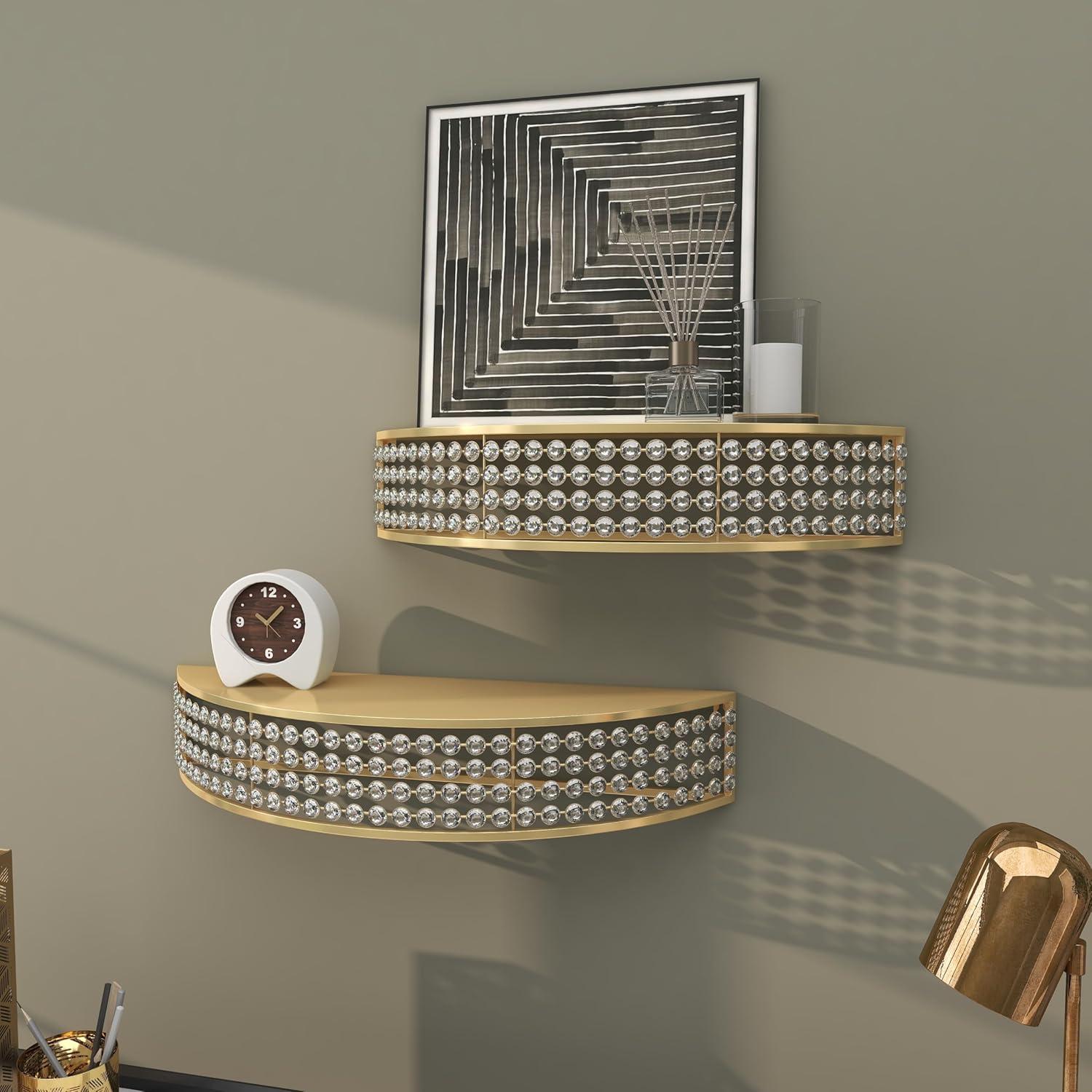 DecMode 5", 5"H Half-Moon 2-Tier Gold Wall Shelf with Crystal Embellishments (2 Count)