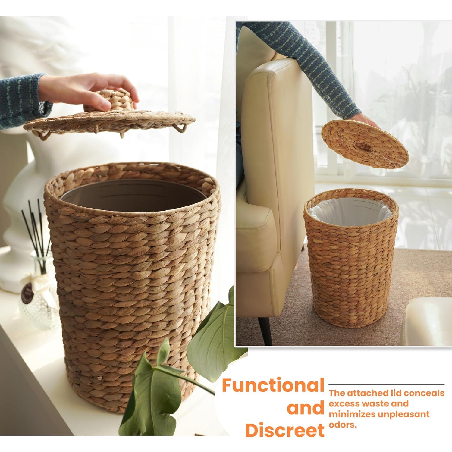 Large Natural Wicker Waste Basket with Lid for Office