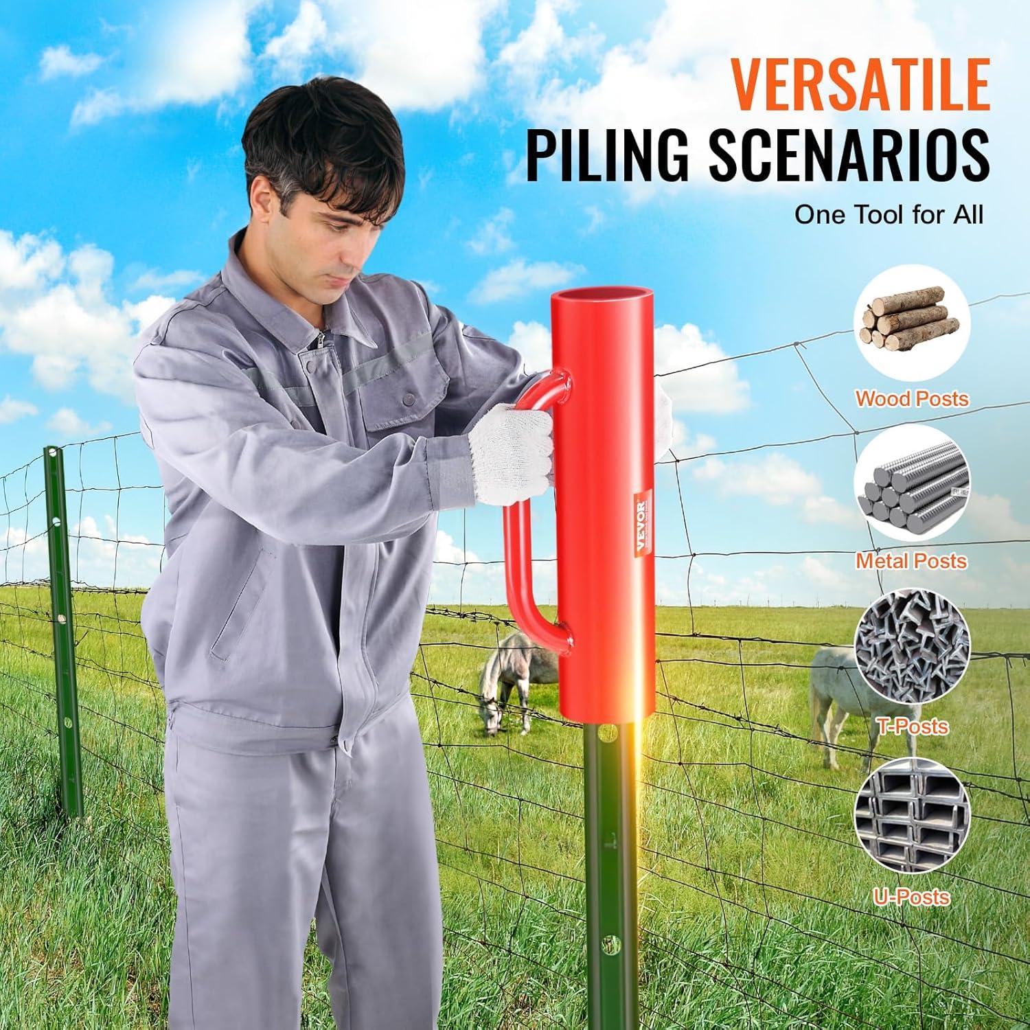 VEVOR Fence Post Driver with Handles, 4.11 in Inner Diameter T Post Pole Pounder, 22LB Heavy Duty Carbon Steel Hand Post Rammer, Farm Fencing Hole Digger for U Channel, Sign Pole, Wooden Post, Red