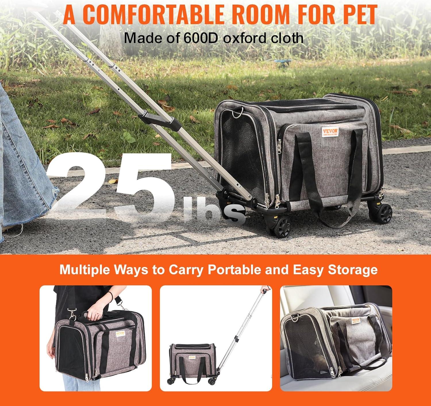 VEVOR Cat Carrier with Wheels Rolling Pet Carrier with Telescopic Handle and Shoulder Strap 0-25LBS