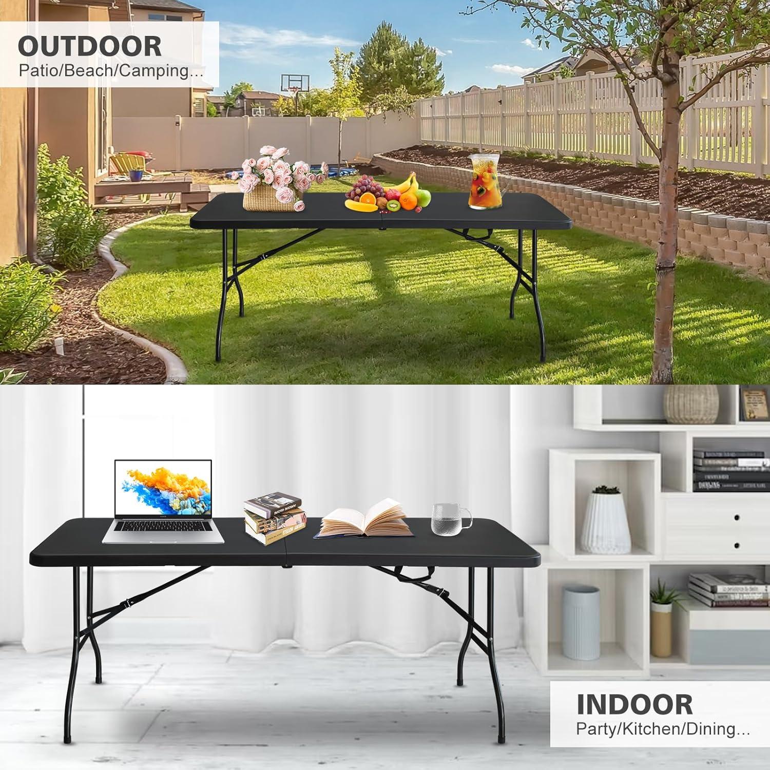 6ft Folding Table, Portable Plastic Table for Camping, Picnics, Parties, High Load Bearing Foldable Table Black