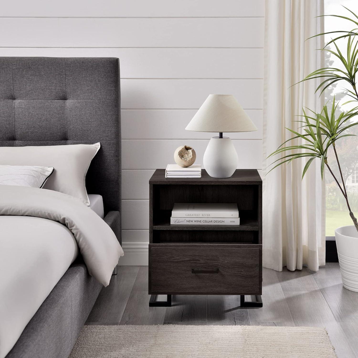 Miekor Furniture Contemporary Metal and Wood 1-Drawer Nightstand – Charcoal B5A6818