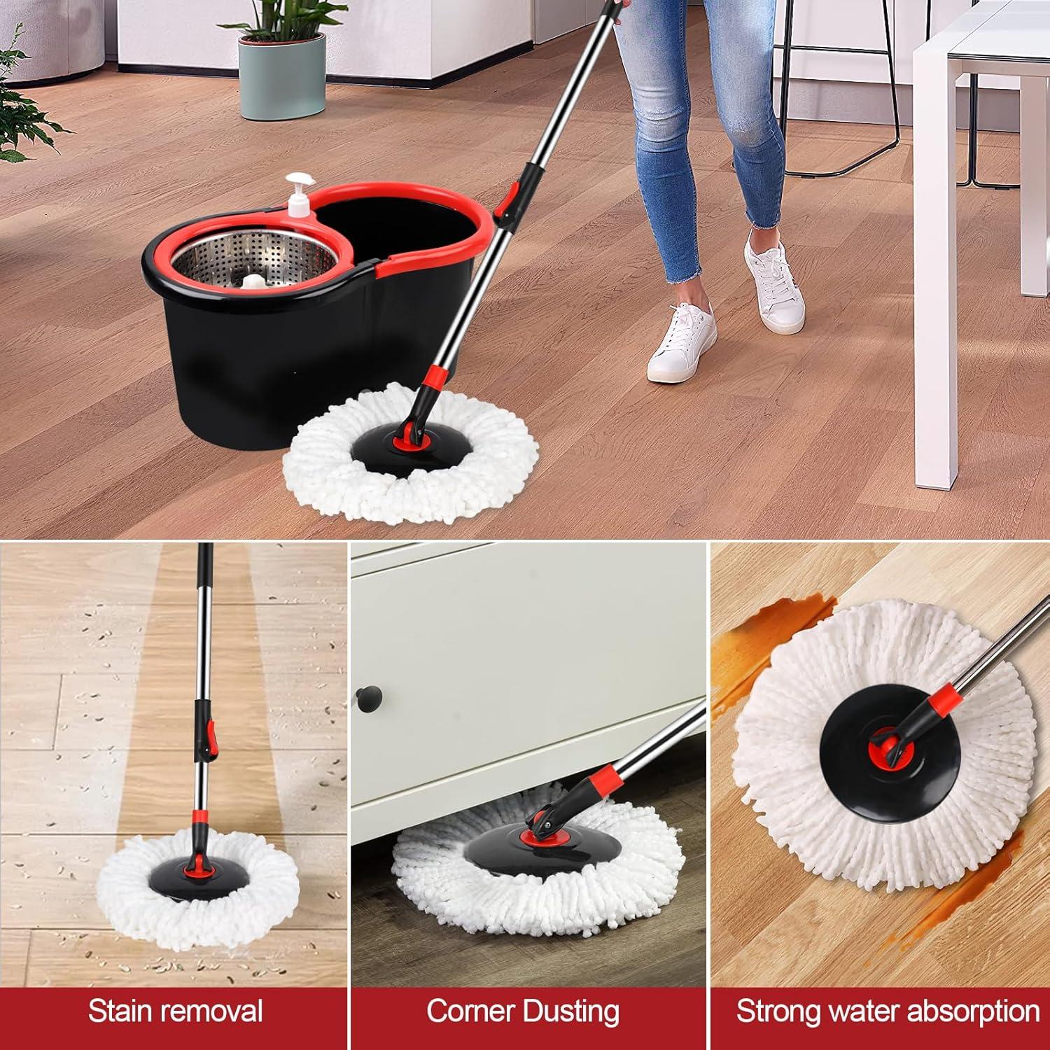Spin Mop and Bucket Set, 360° Spin Mop and Bucket with Wringer Set and 3 Microfiber Mop Replacement Heads Refills, 61" Stainless Steel Extended Handle Spinning Mop Bucket System for Floor Cleaning