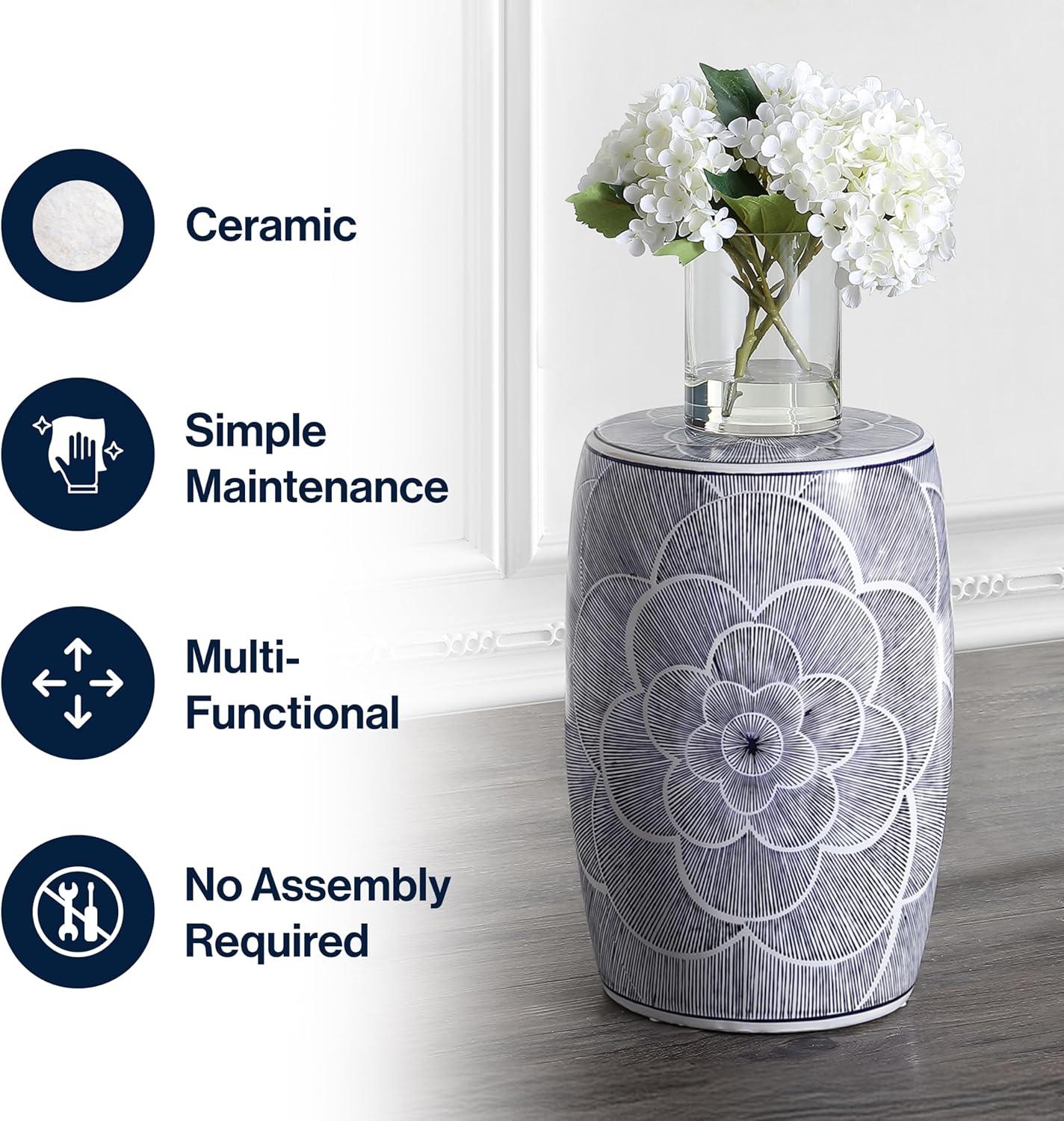 JONATHAN Y Camellia 17" Ceramic Drum Garden Stool, Blue