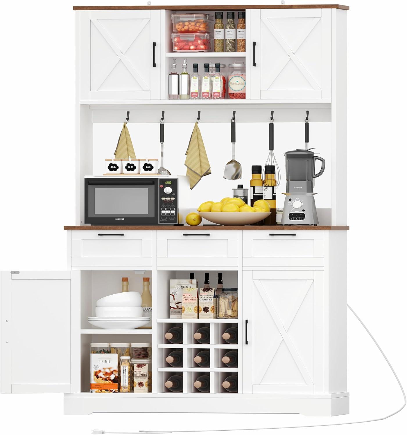 Rovaurx Farmhouse Kitchen Pantry with Microwave Shelf, 70.9" Tall Kicthen Houtch with Charging Station, Wooden Floor Pantry Storage Cabinet, Barn Doors and Adjustable Shelves, White KBG007WE