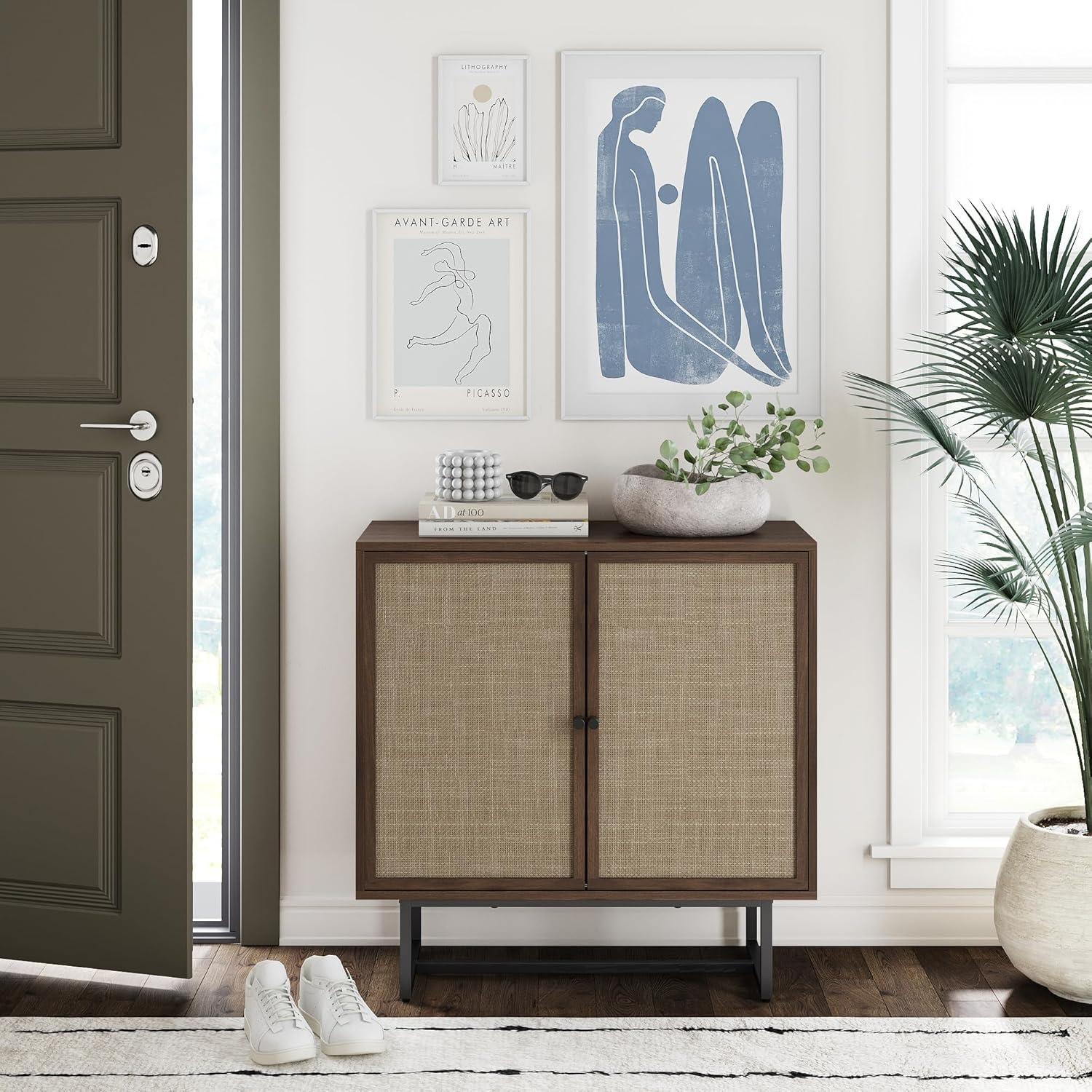 Nathan James Kova Bohemian Rattan Accent Sideboard Storage Cabinet, with Doors and Matte Black Legs, Dark Brown/Black