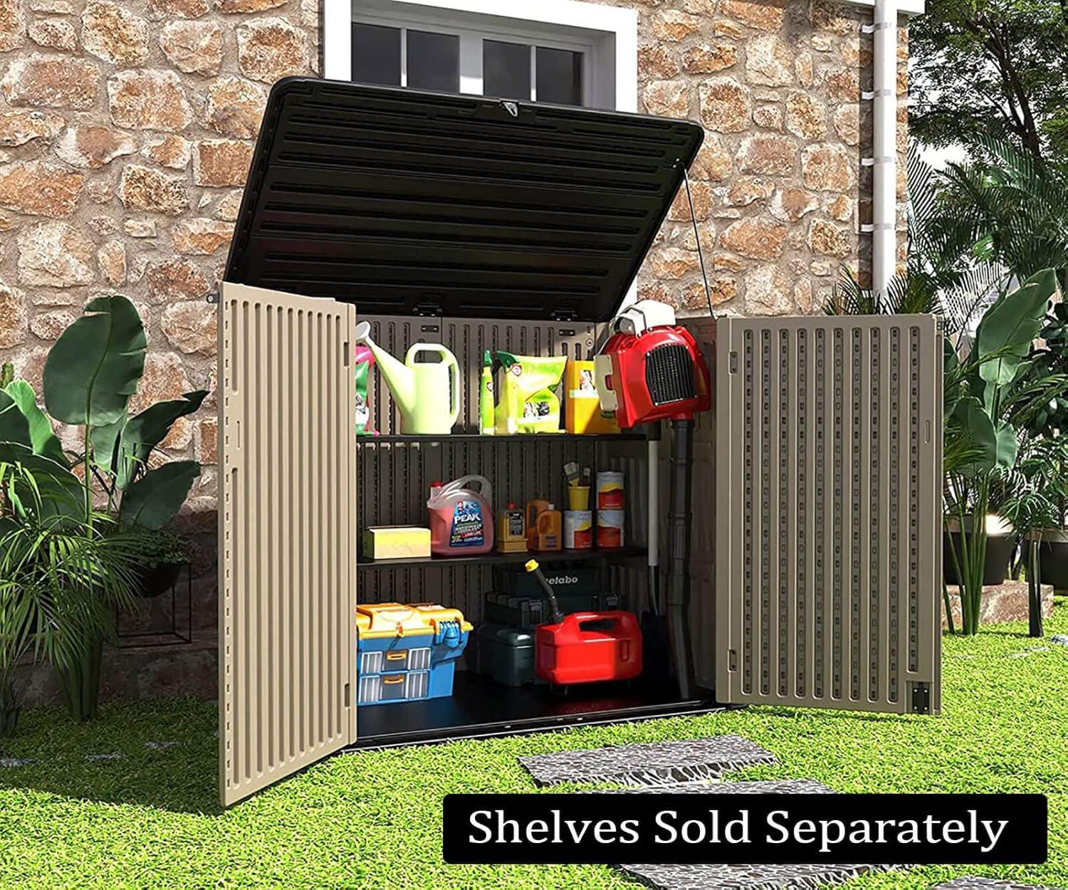 Large Brown Resin Outdoor Storage Shed with Shelving