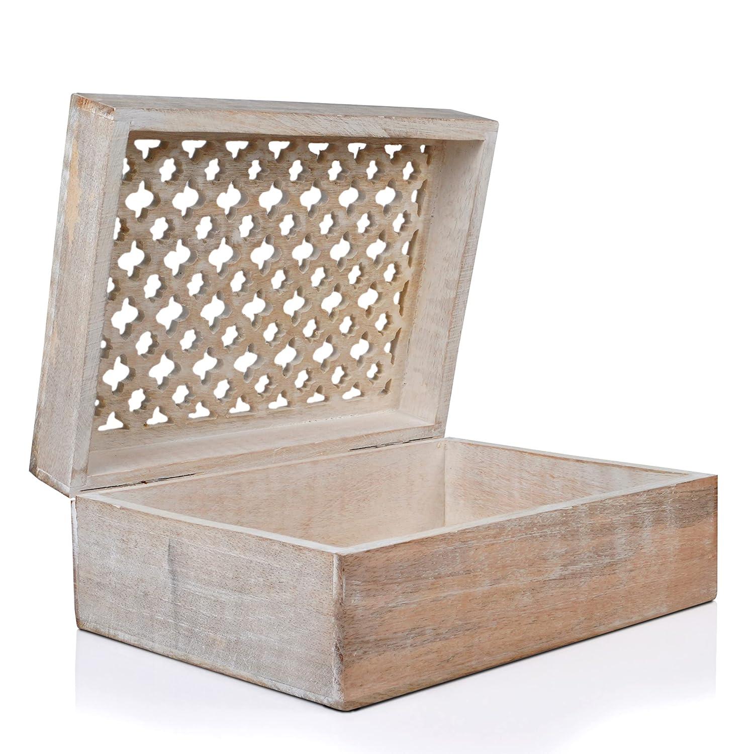 Mela Artisans Wood Keepsake Box with Hinged Lid in Trellis Design White- Extra Large