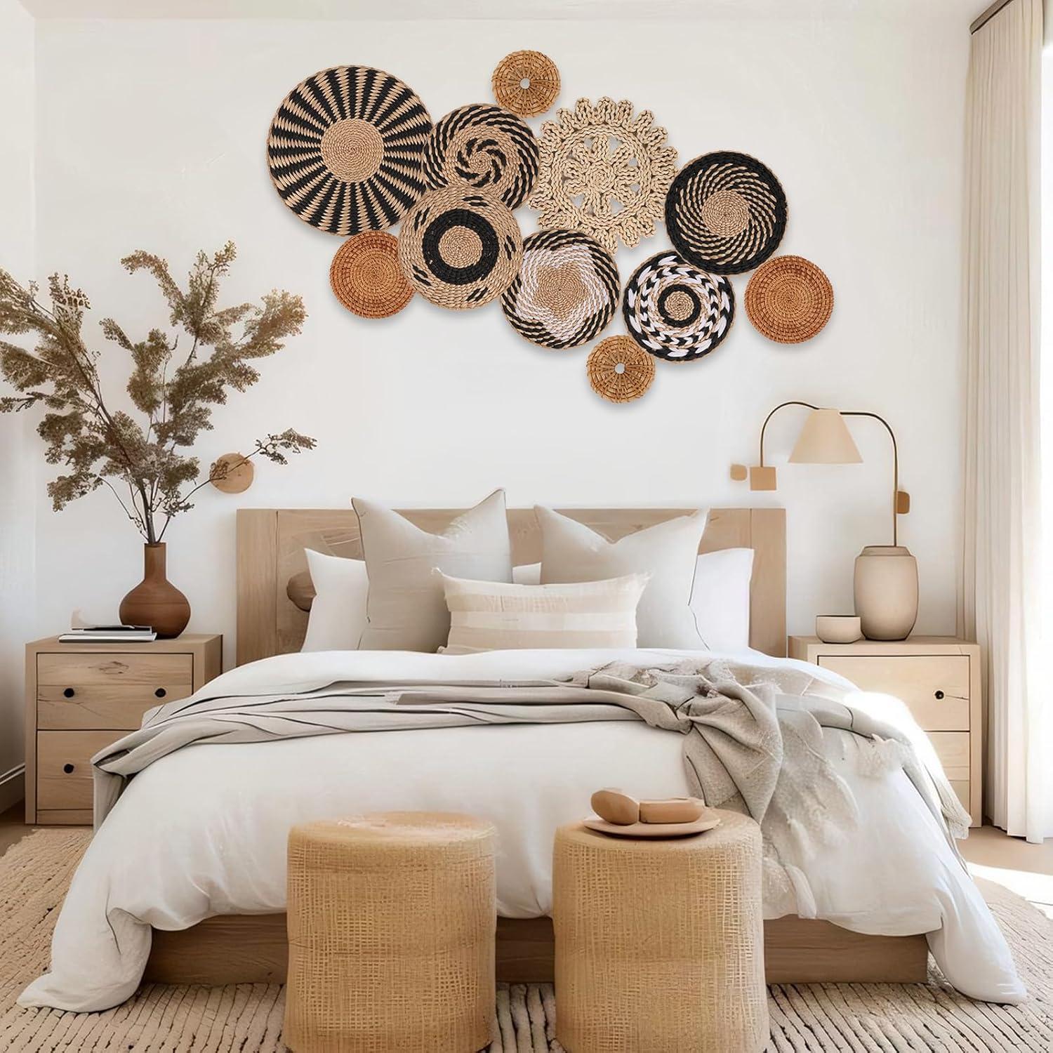 Tatuo 11 Pcs Boho Wall Basket Decor Decorative Bulrush Woven Basket Wall Decor Art Round Farmhouse Hanging Baskets for Kitchen Rustic Home Summer Decorations, Multi Sizes(Retro)